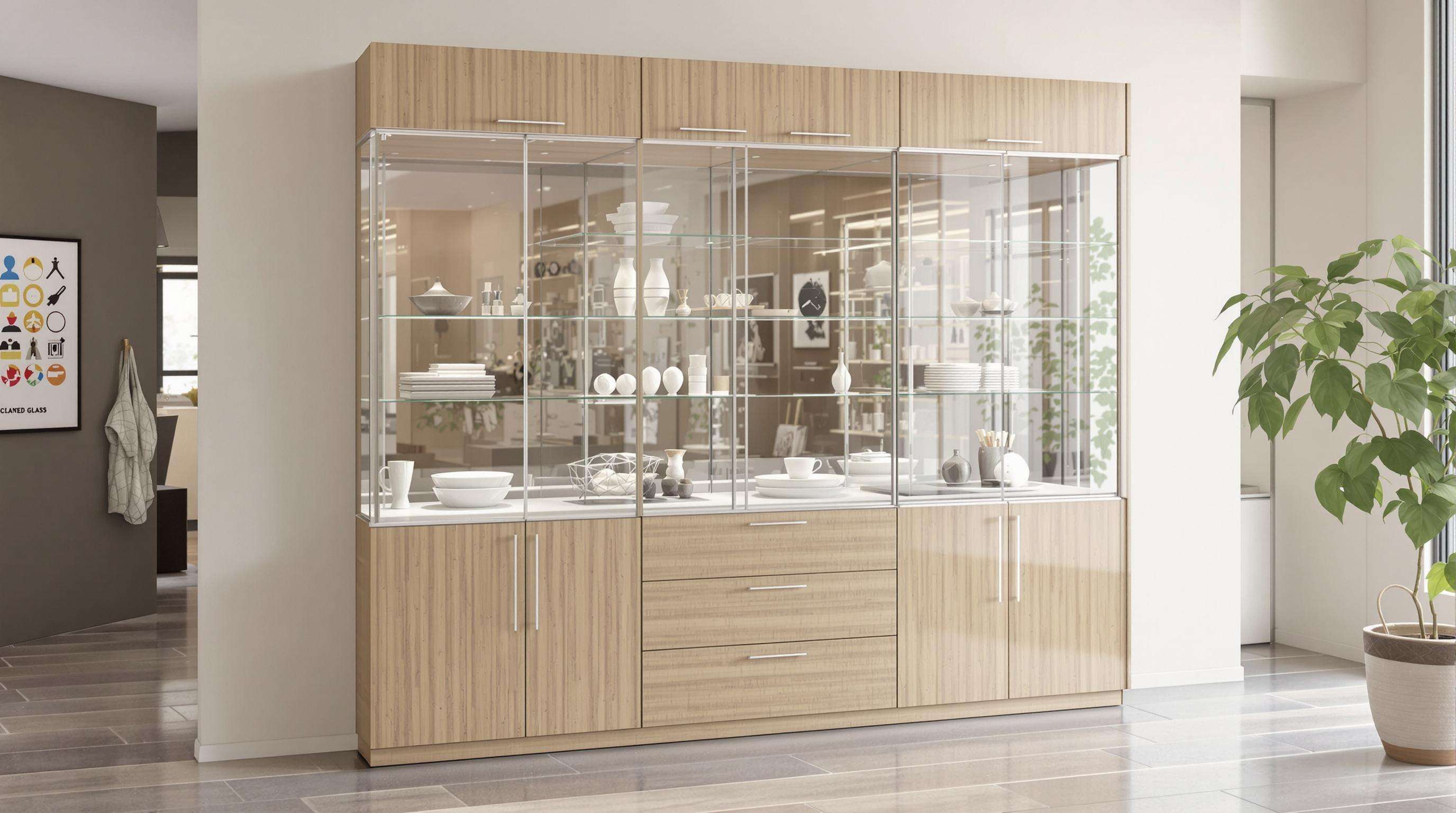 Modern display cabinet made from bamboo, recycled glass, and certified wood in a softly lit showroom
