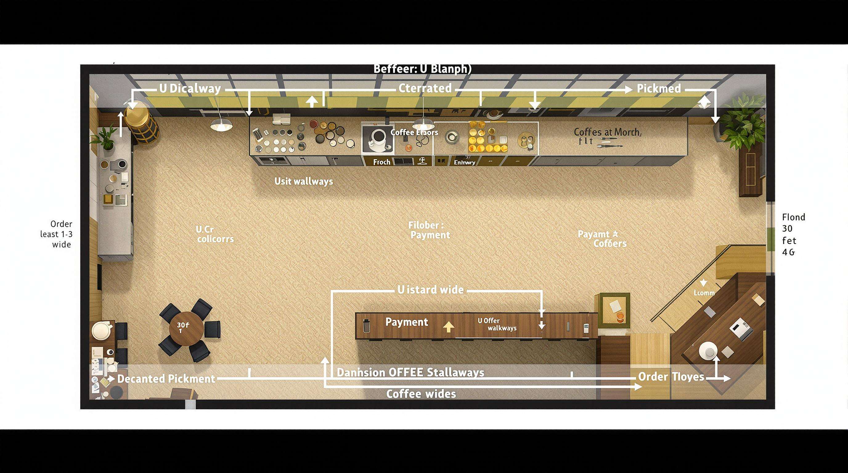 Coffee shop floor plan from above showing a U-shaped counter, clear walkways, and visually separated order, pay, and pick-up zones