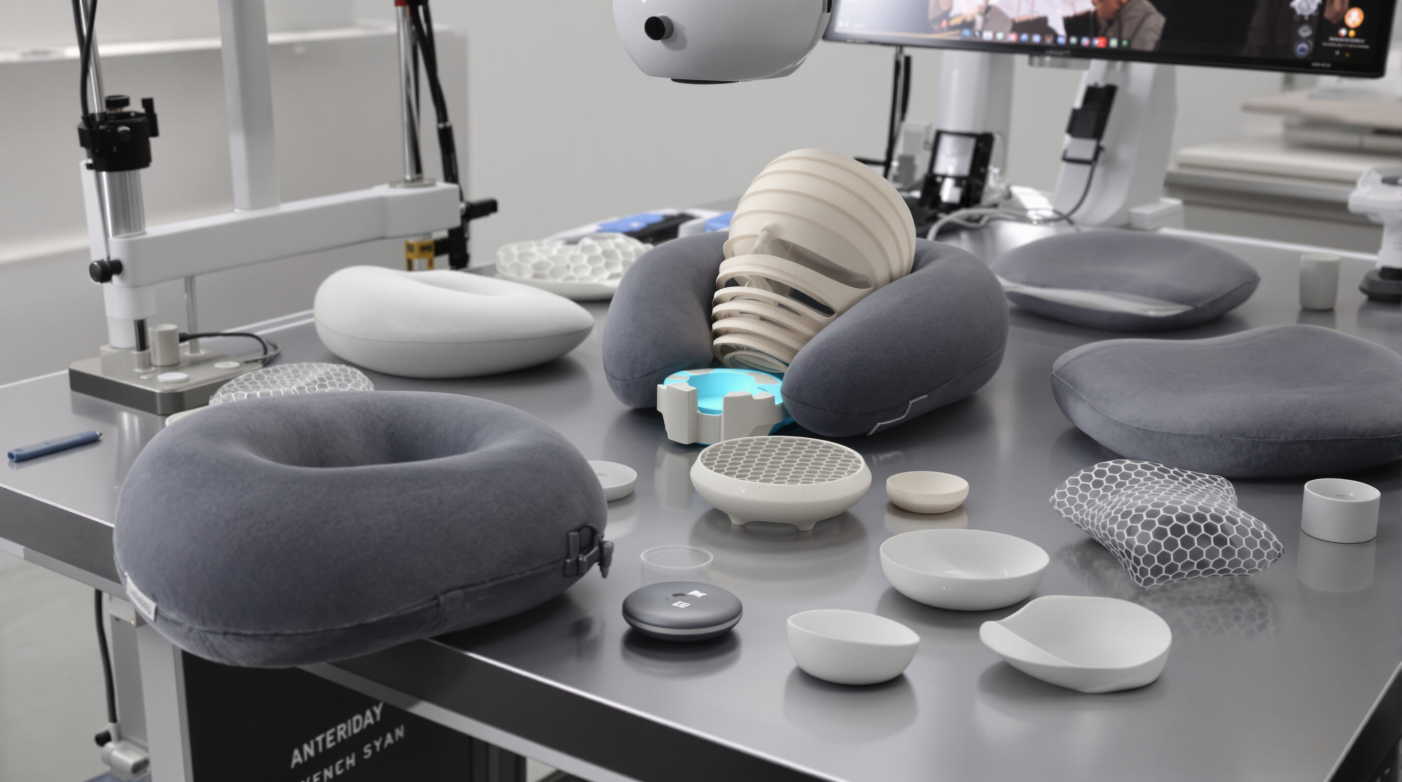 3D scanning equipment profiling a person’s neck next to modular travel pillow parts and honeycomb structures on a workstation.