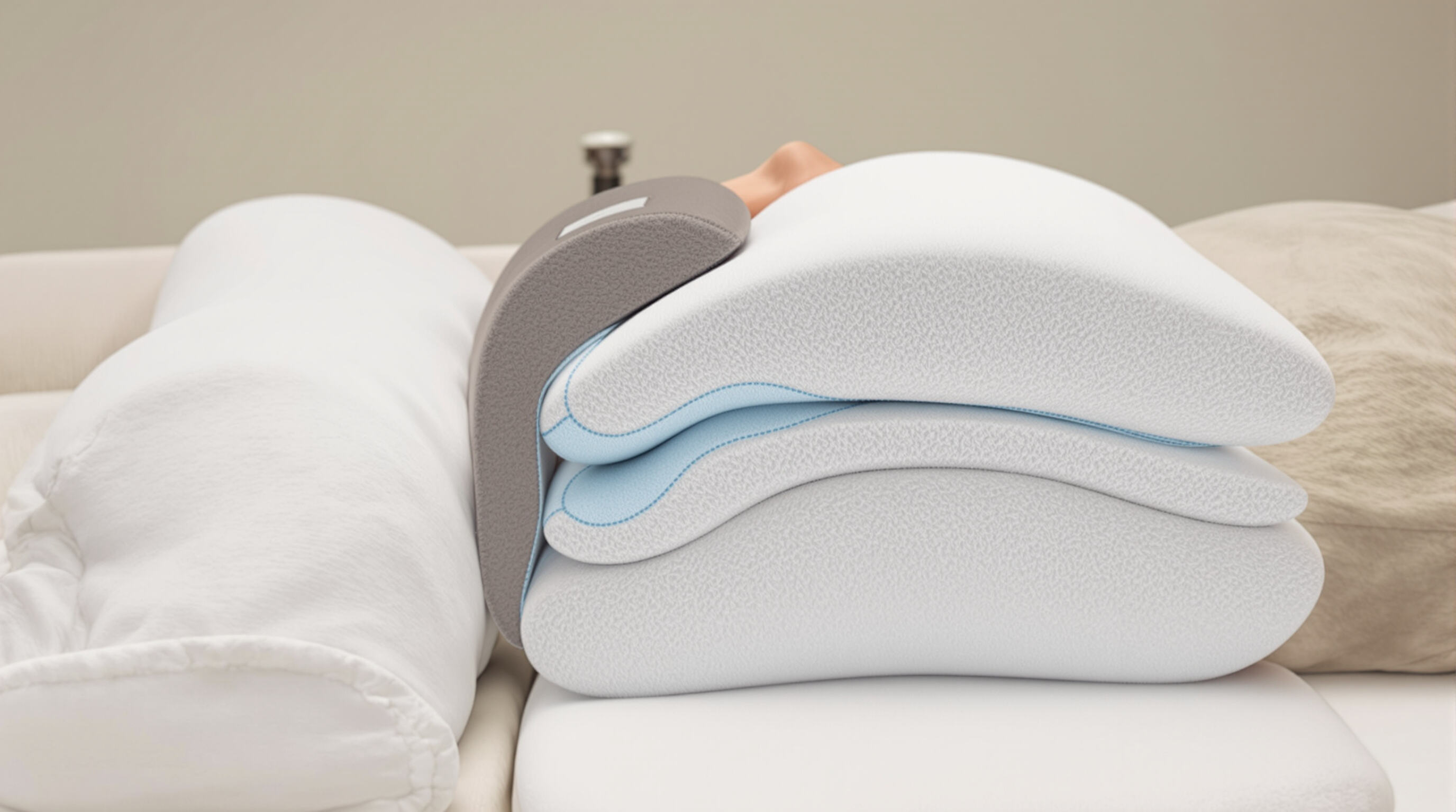 Photograph of a contoured rehabilitation pillow supporting a patient's neck in a clinical setting