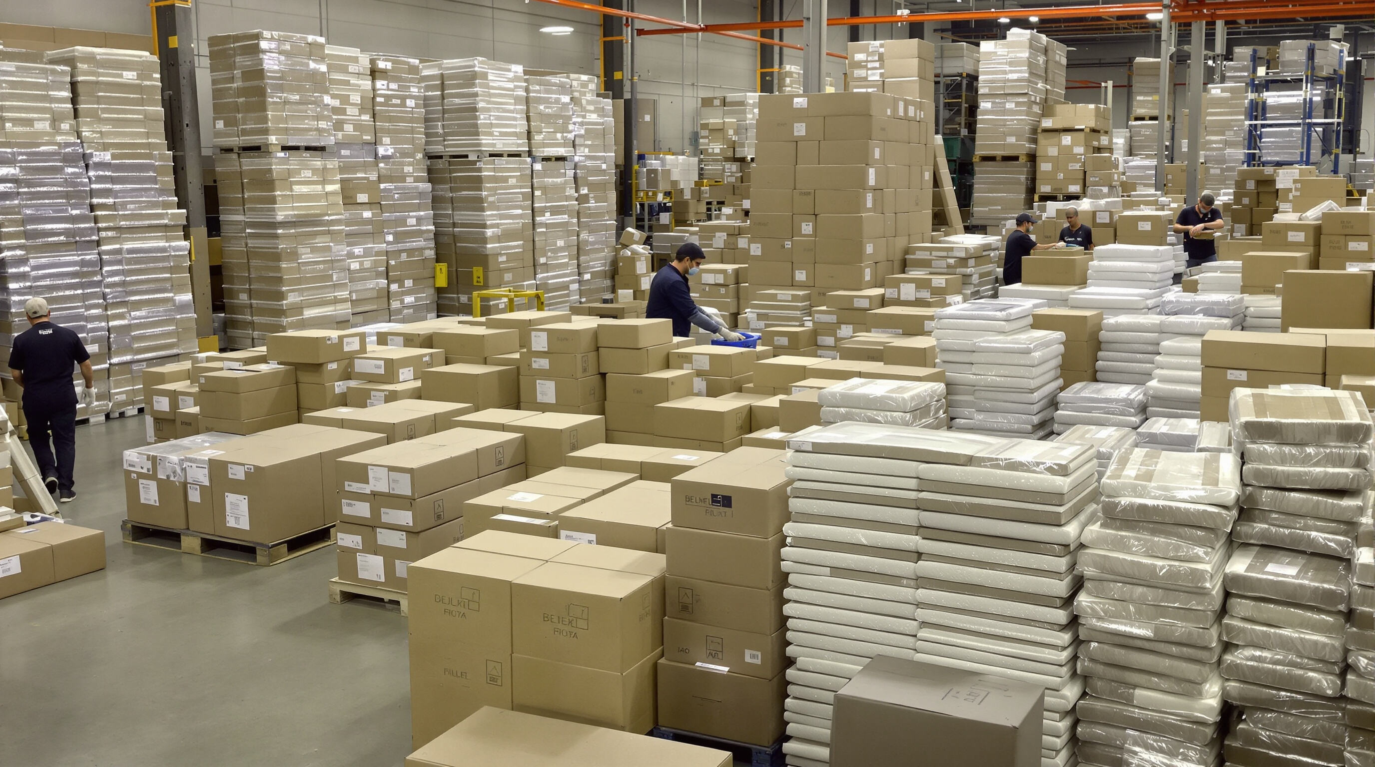 Warehouse with stacks of flat packaging boxes and air-filled cushions, workers prepping lightweight shipments