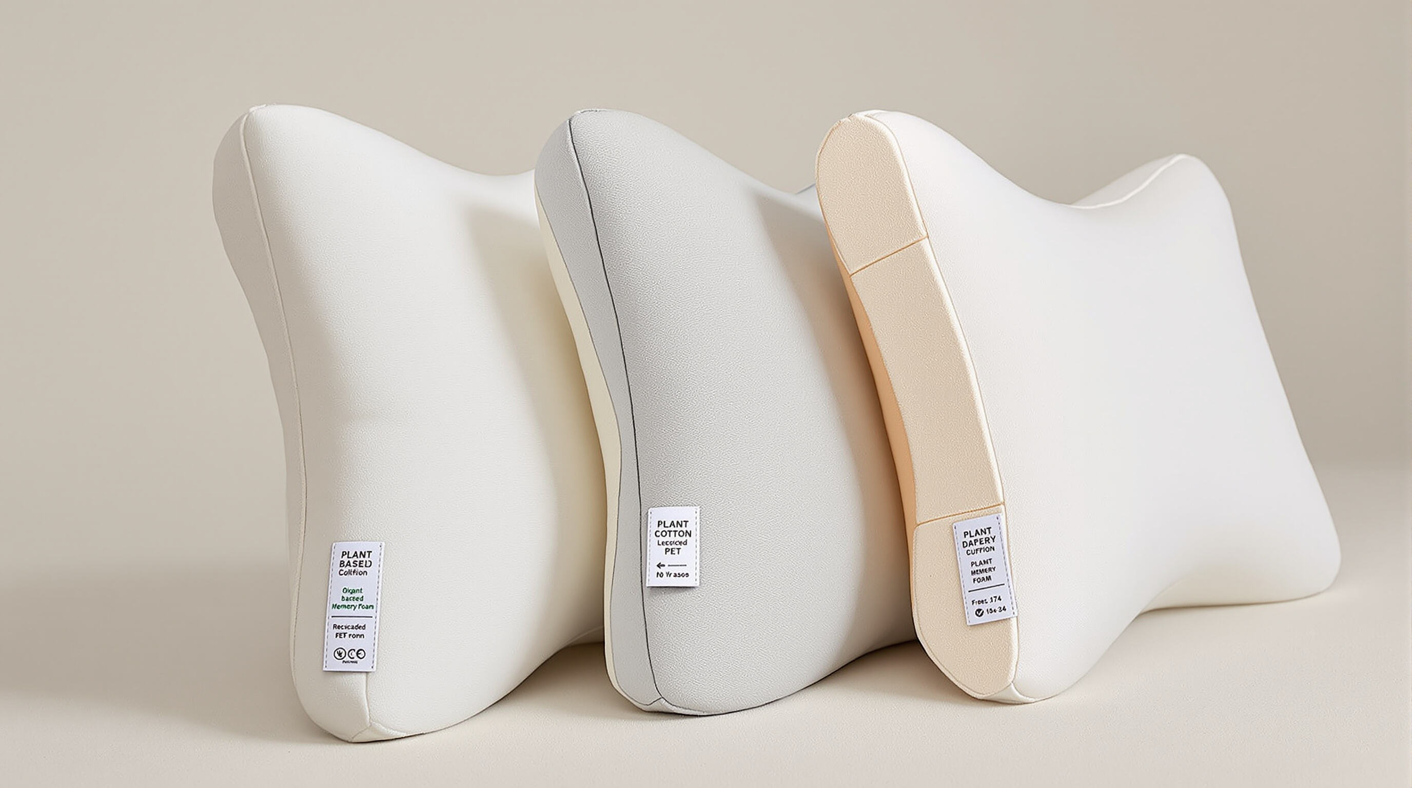 Three eco-friendly lumbar cushions made from organic cotton, recycled PET, and plant-based memory foam displayed together in soft lighting