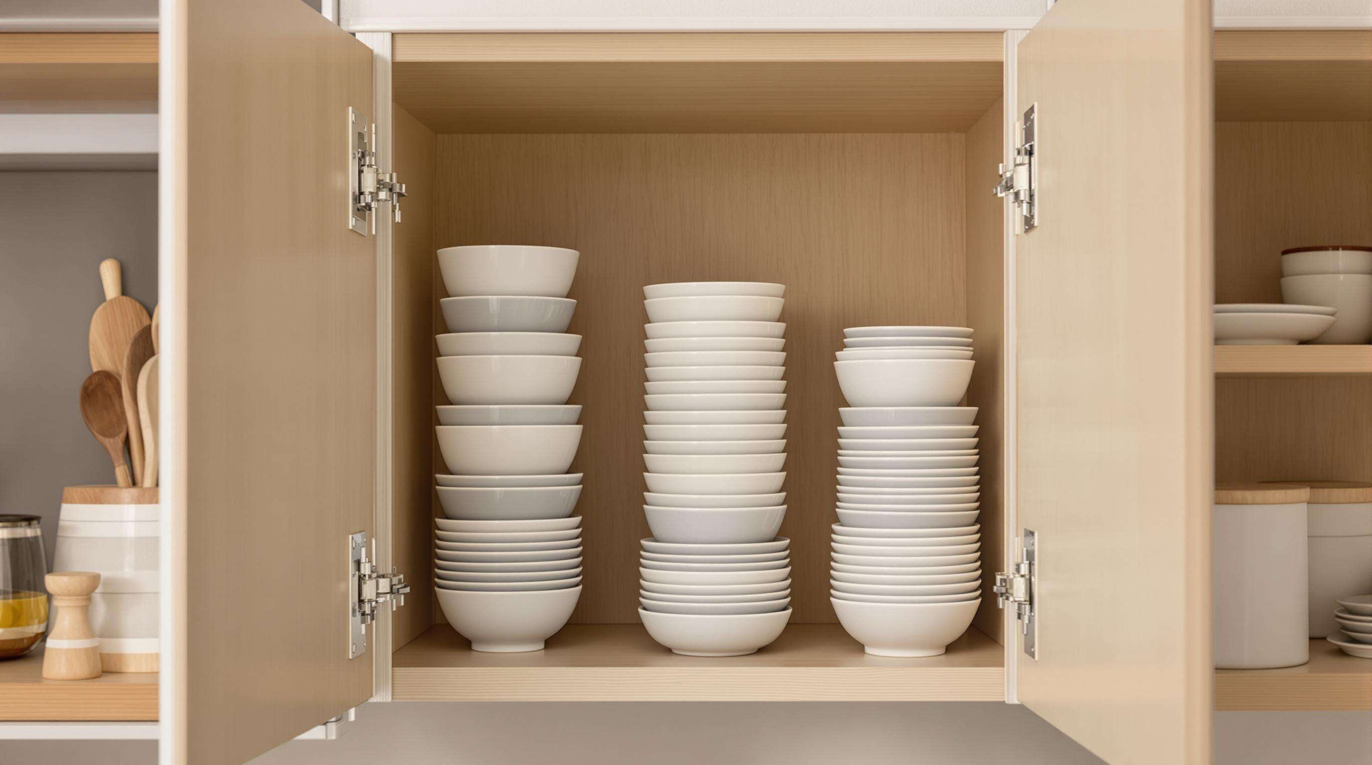 Open kitchen cabinet showing stackable ceramic bowls nested to save space in comparison with regular bowls