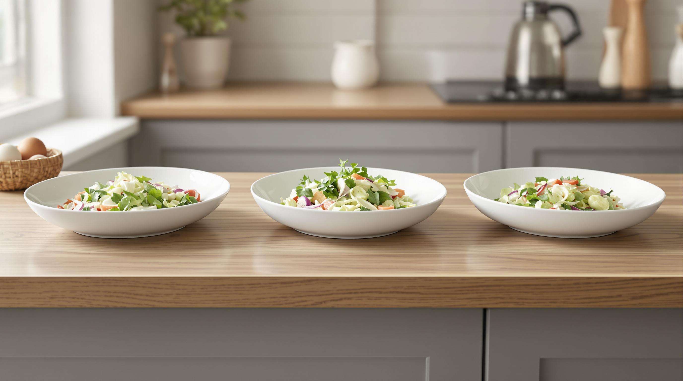 Comparison of ceramic, stoneware, and porcelain salad plates with salads in a modern kitchen setting