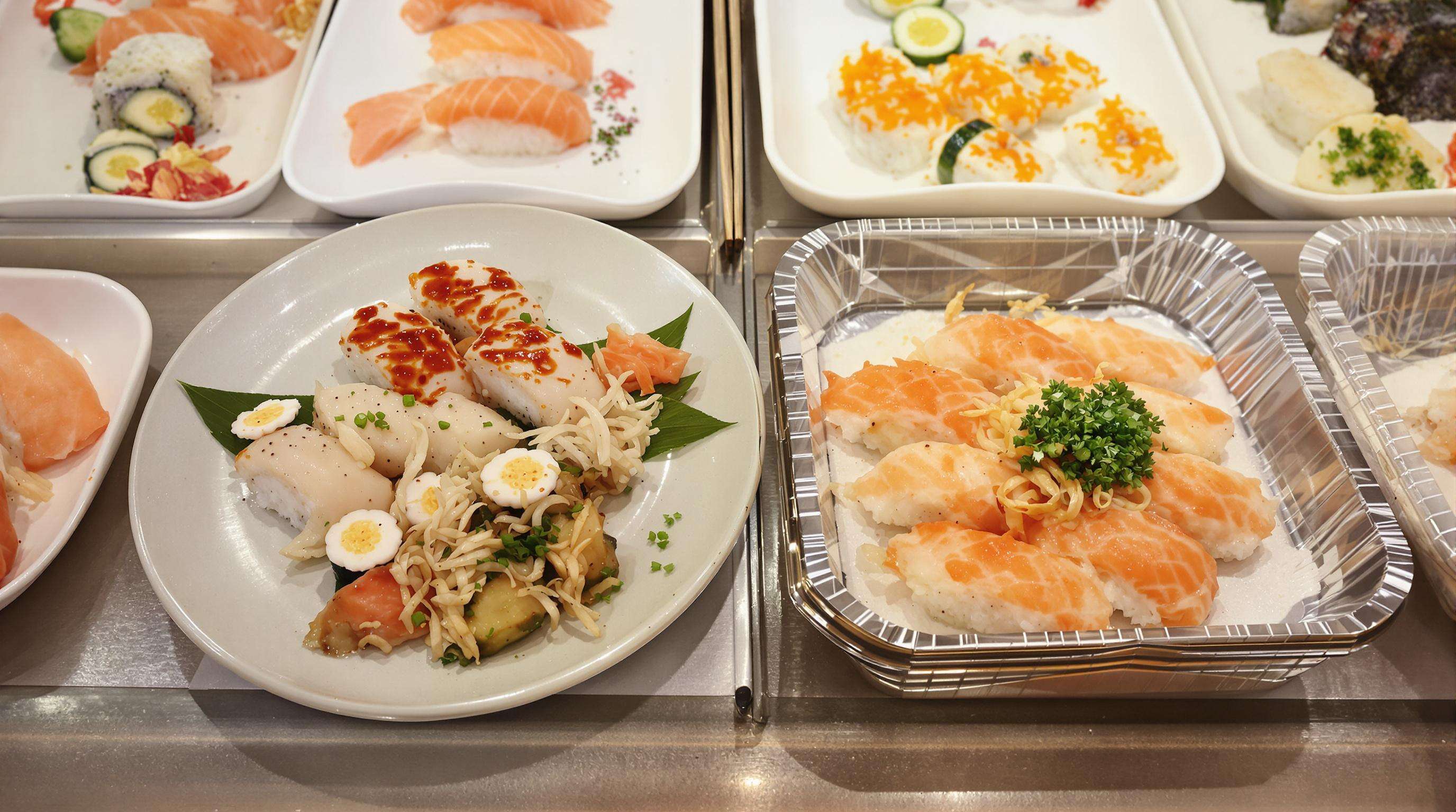 Comparison of sushi presented on ceramic versus plastic plates showing differences in appearance and quality