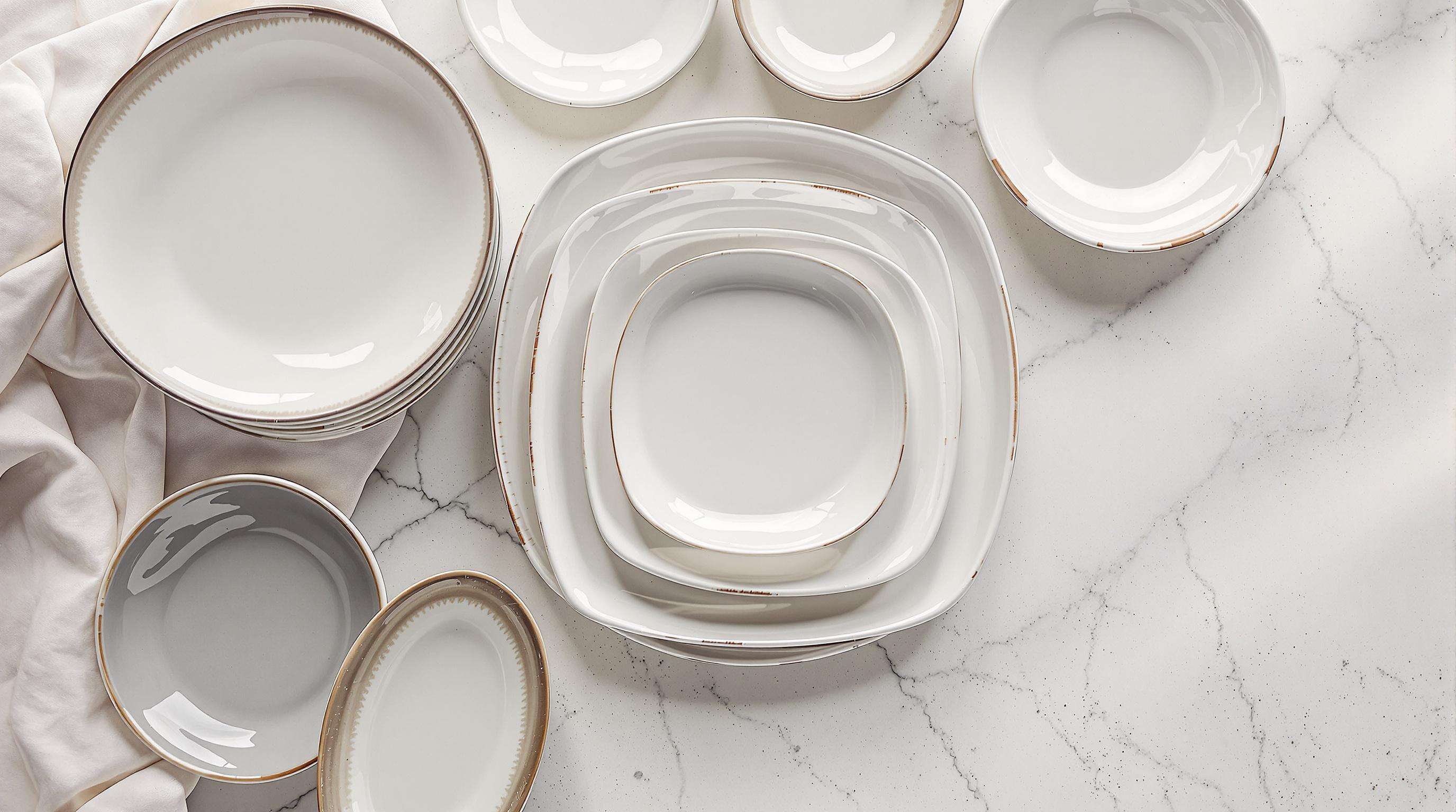 Assorted ceramic salad plates of different shapes and sizes showing rim designs and glaze details