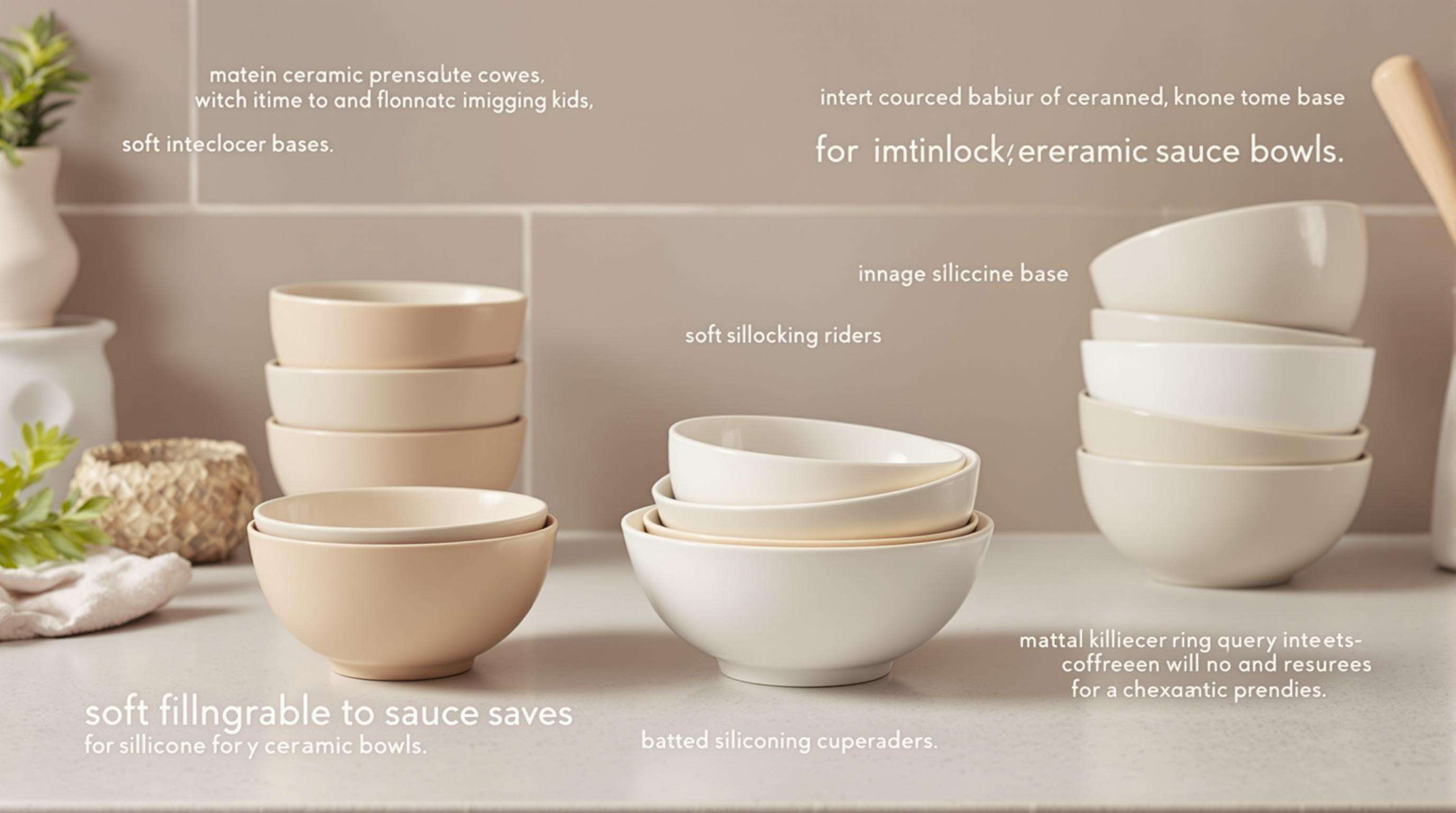 Stackable ceramic sauce bowls showing interlocking bases, matte exteriors, and smooth interiors in a muted modern kitchen