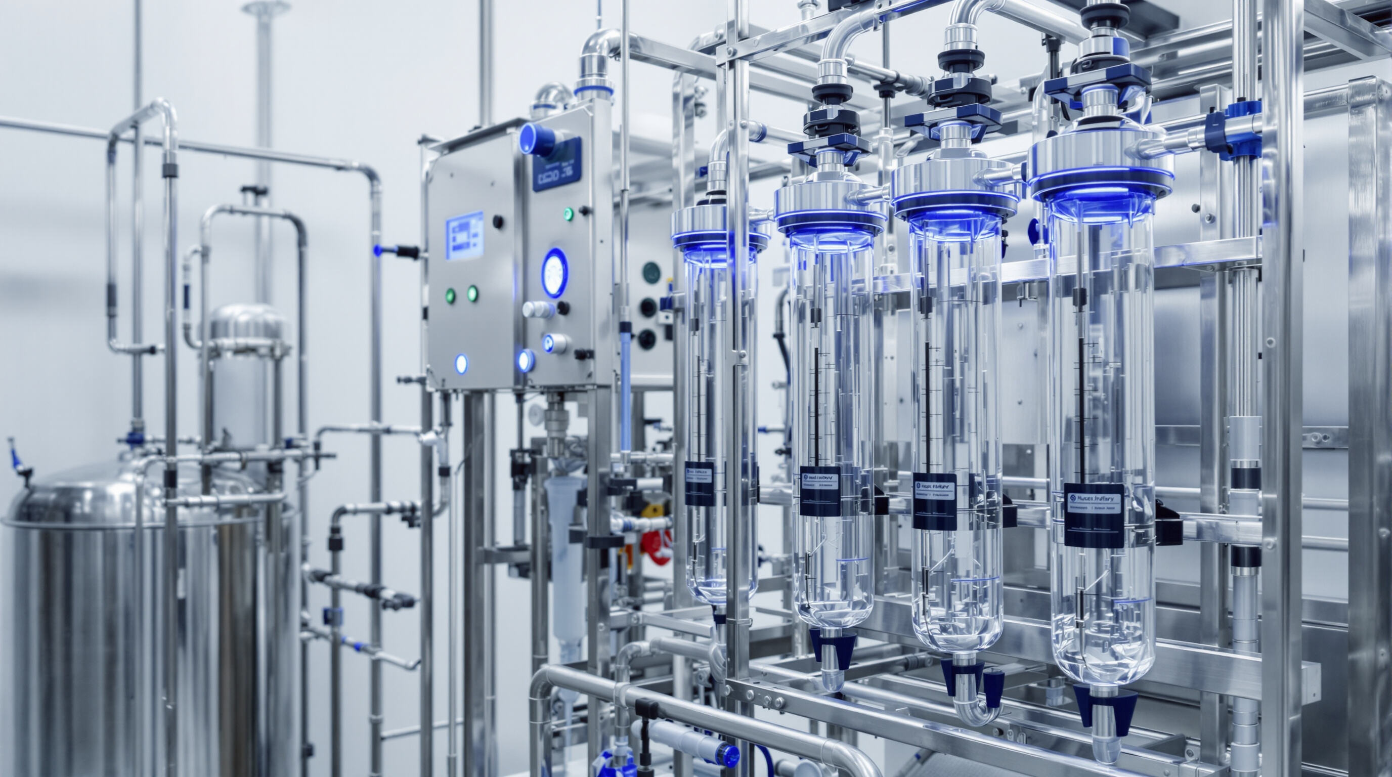 Purification system in a pharmaceutical cleanroom showing reverse osmosis and ultrafiltration equipment