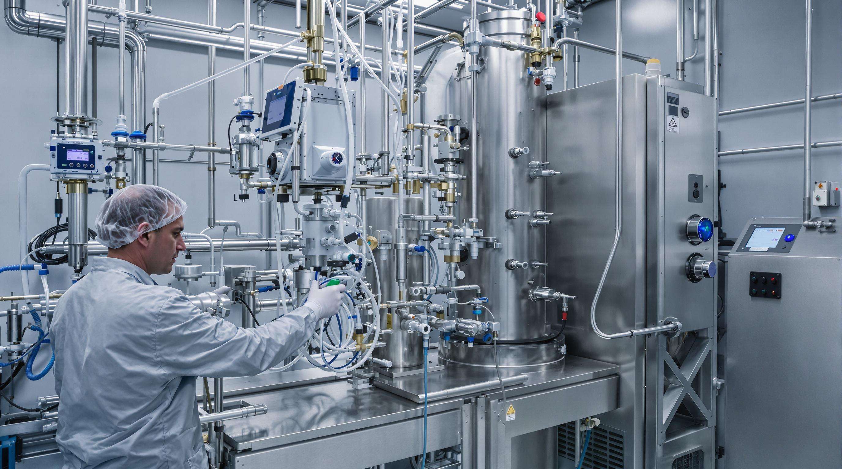 Laboratory with mass spectrometer, steam generator, and technician illustrating high-precision impurity detection
