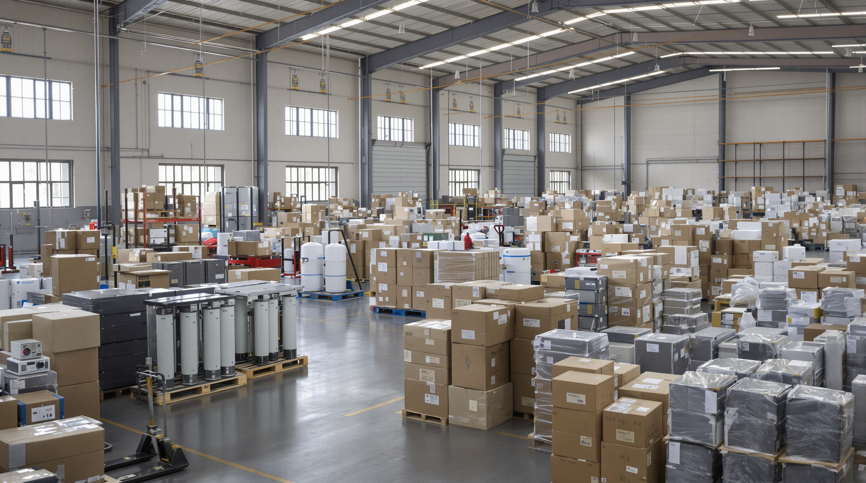 Warehouse with pharmaceutical water purification systems prepared for bulk shipment