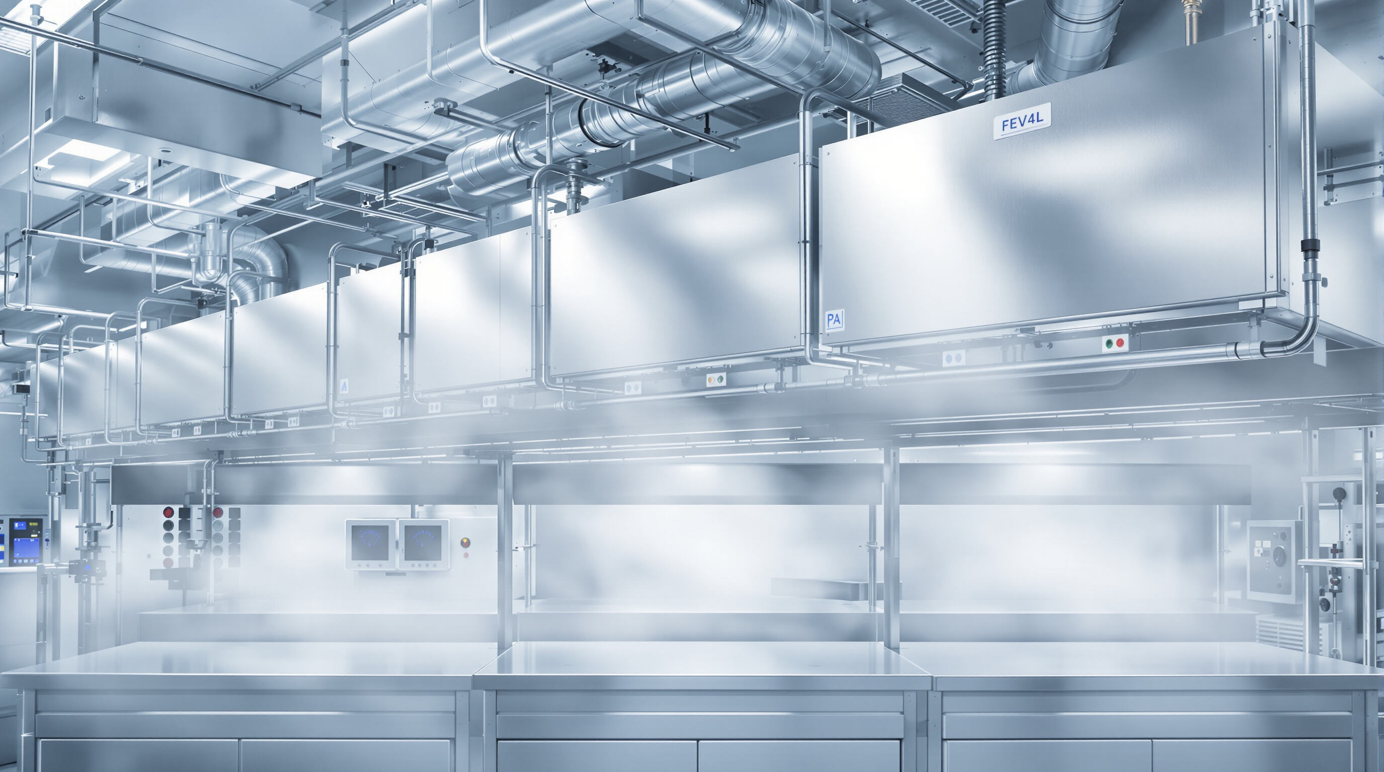 Interior of a controlled cleanroom showing pure steam humidification modules connected to HVAC ducts
