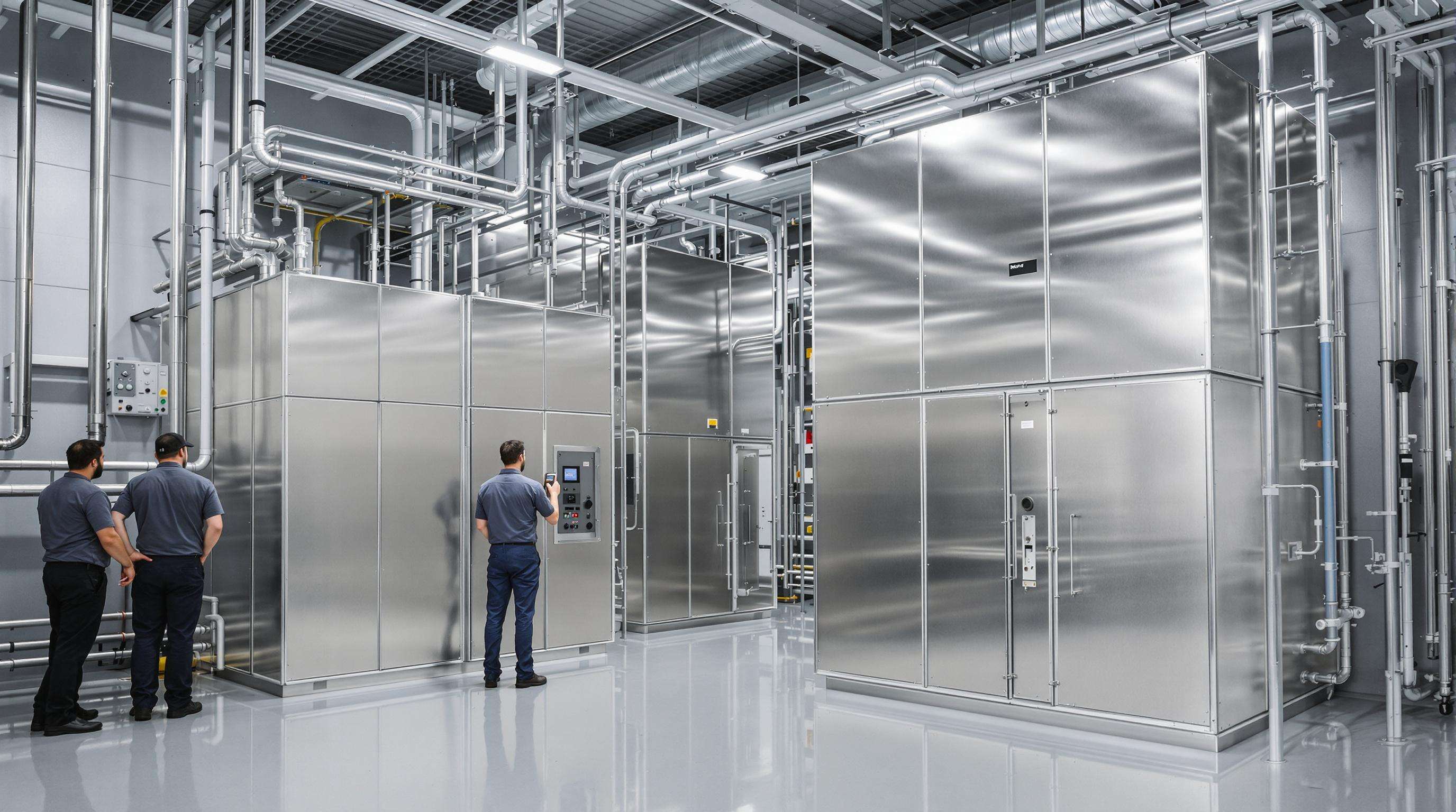 Modular pure steam generators arranged in compact stacks with technicians inspecting the setup