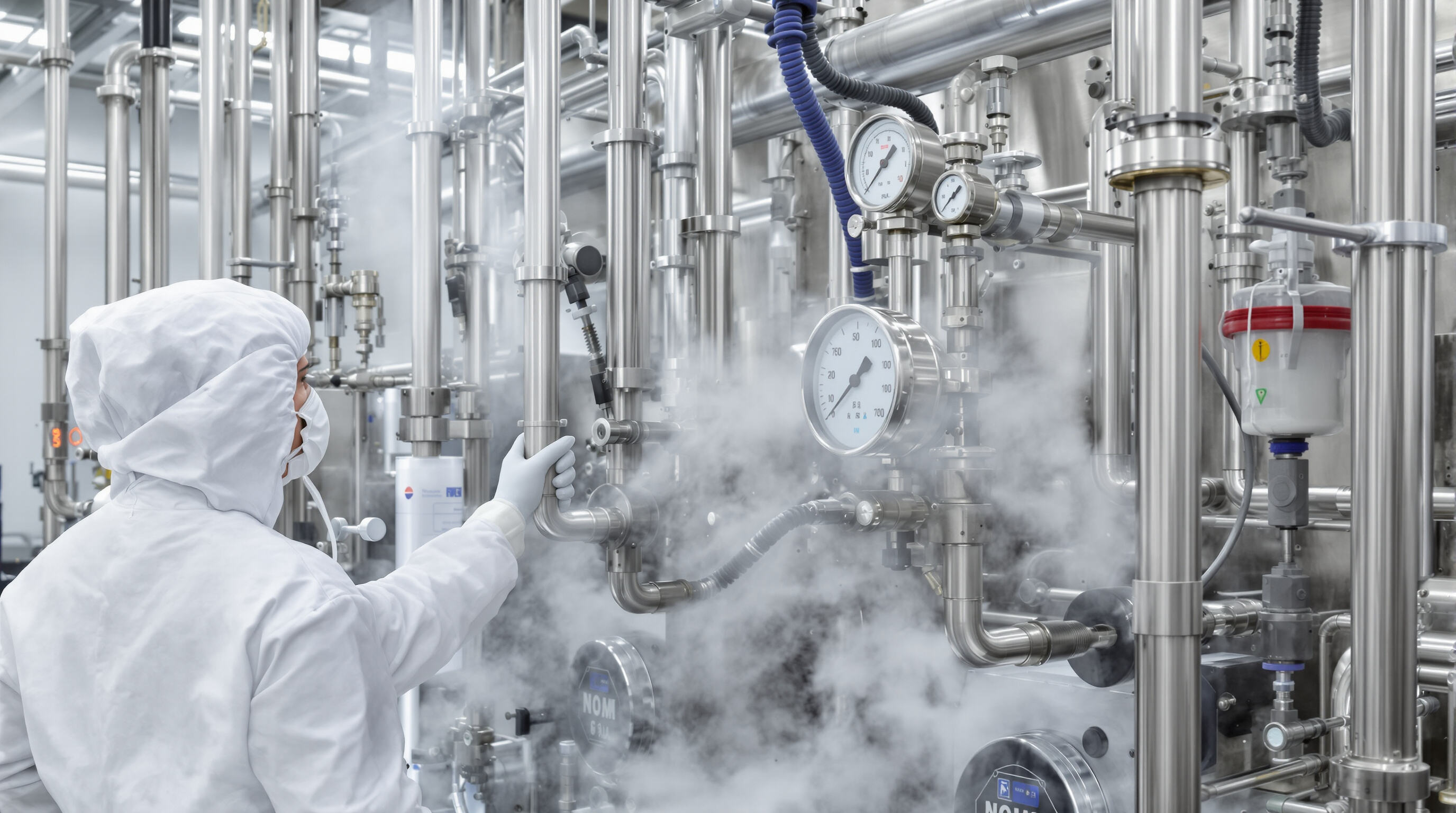 A sterile pharmaceutical cleanroom with pure steam generator equipment and a technician inspecting pipes