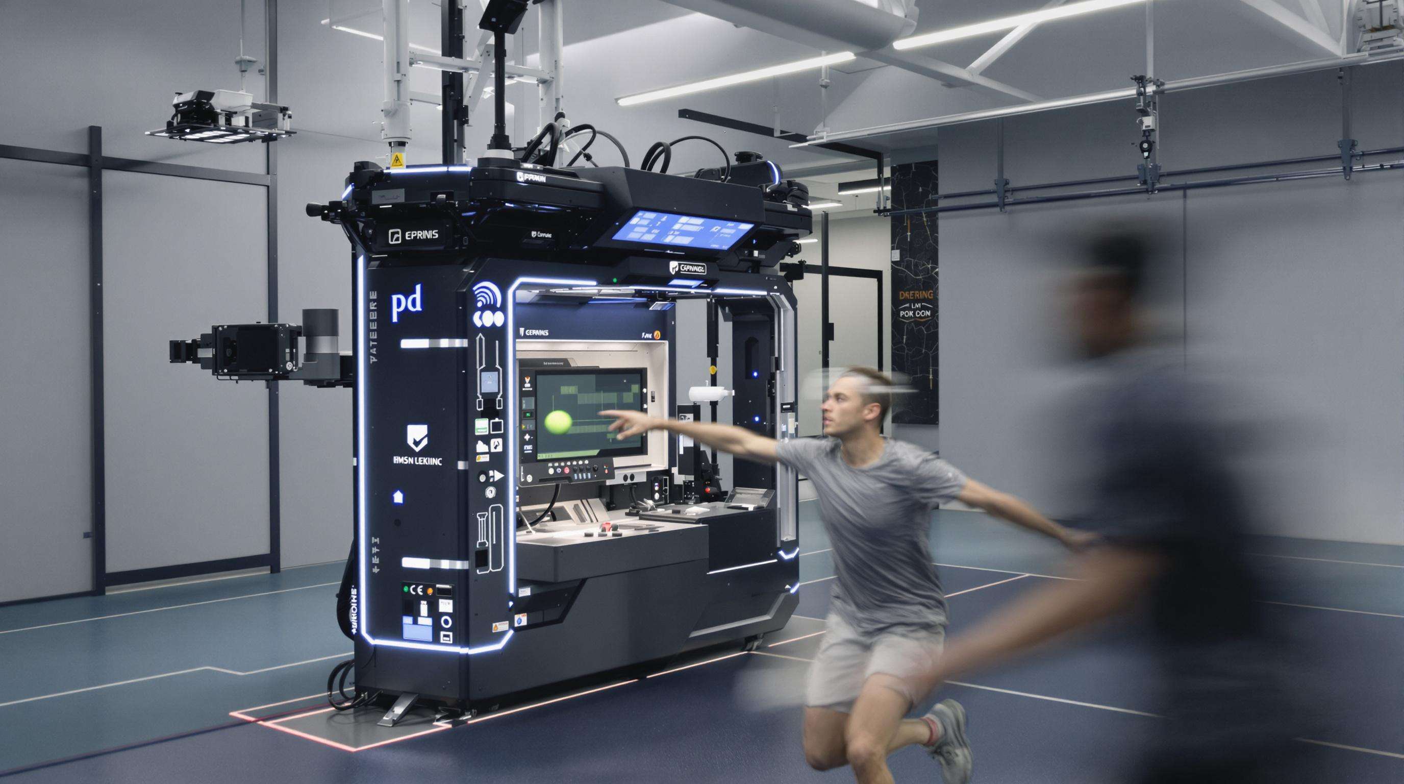 Tennis athlete training with an AI-powered machine equipped with sensors, delivering balls in a modern indoor court