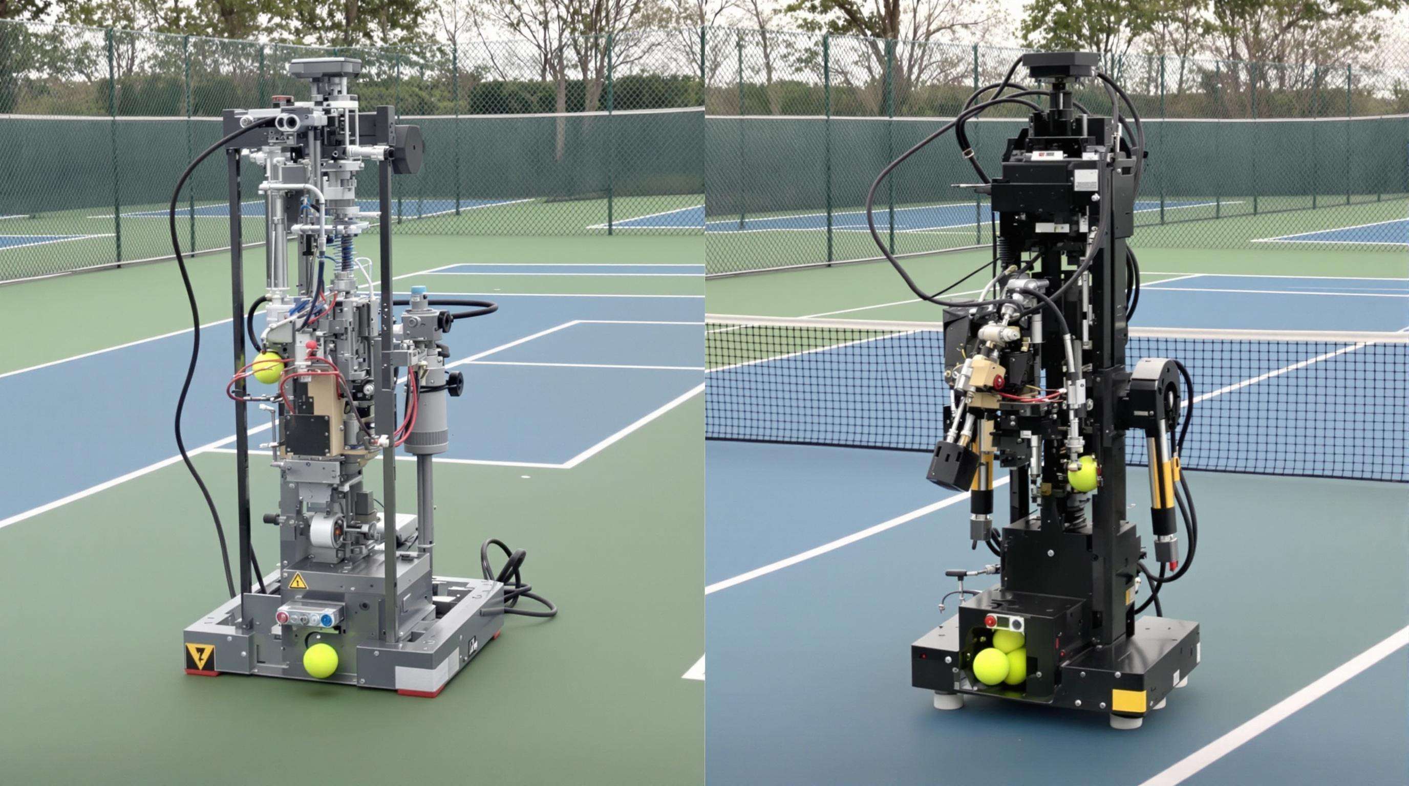 Classic tennis ball machine and advanced robotic system side by side on court, showing design and capability differences