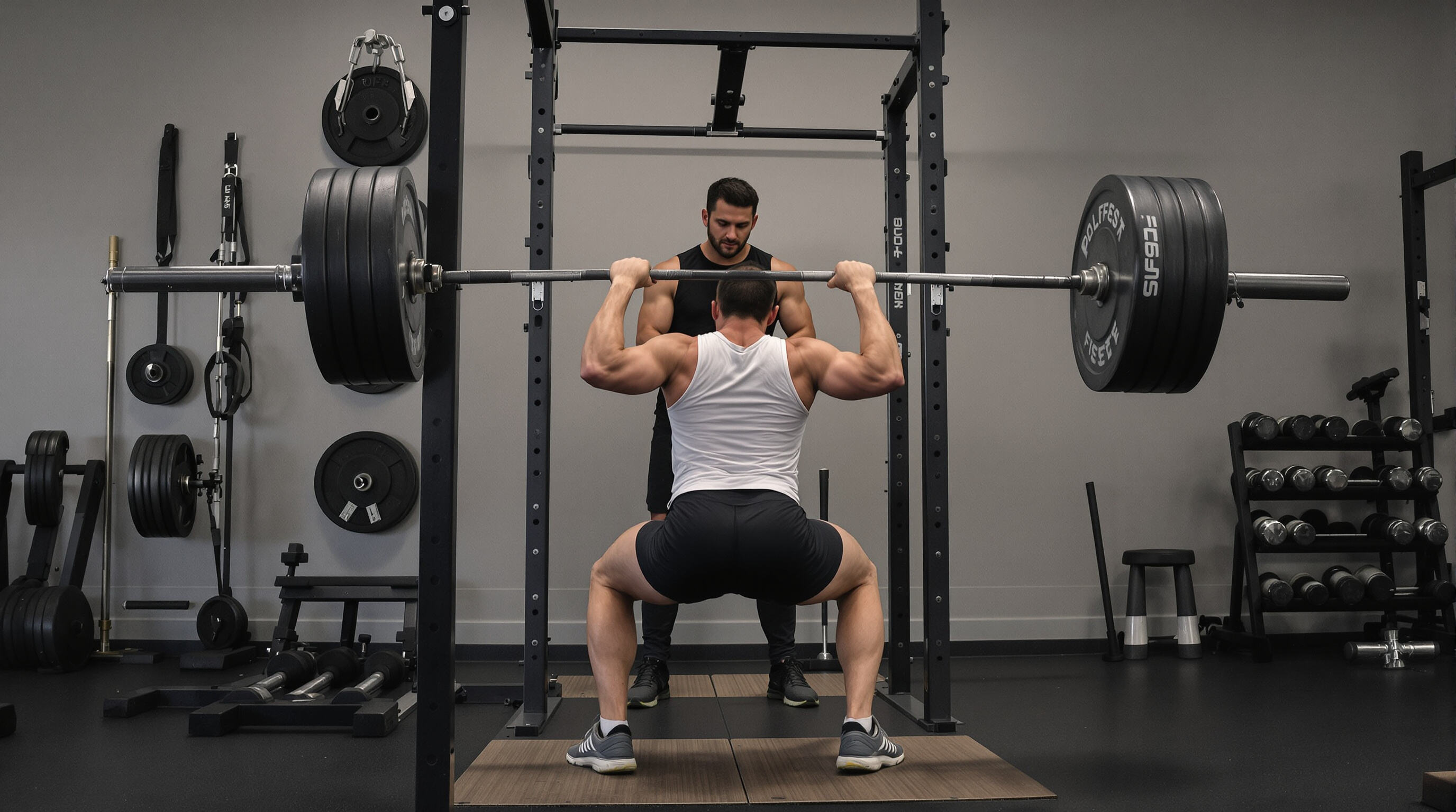 Athlete doing back squats with a spotter and gym equipment for compound exercises