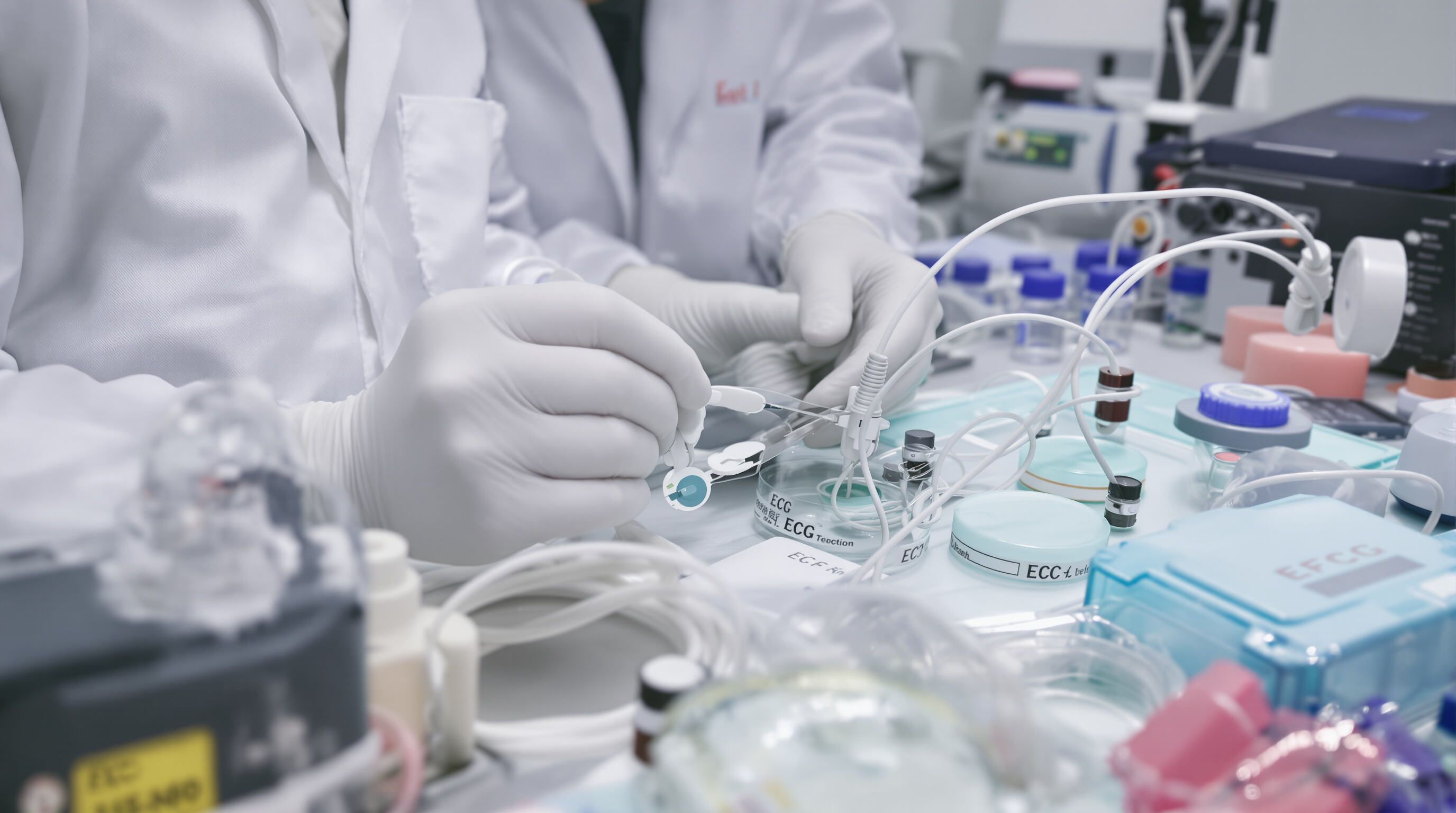 Lab technicians testing ECG cable components for biocompatibility