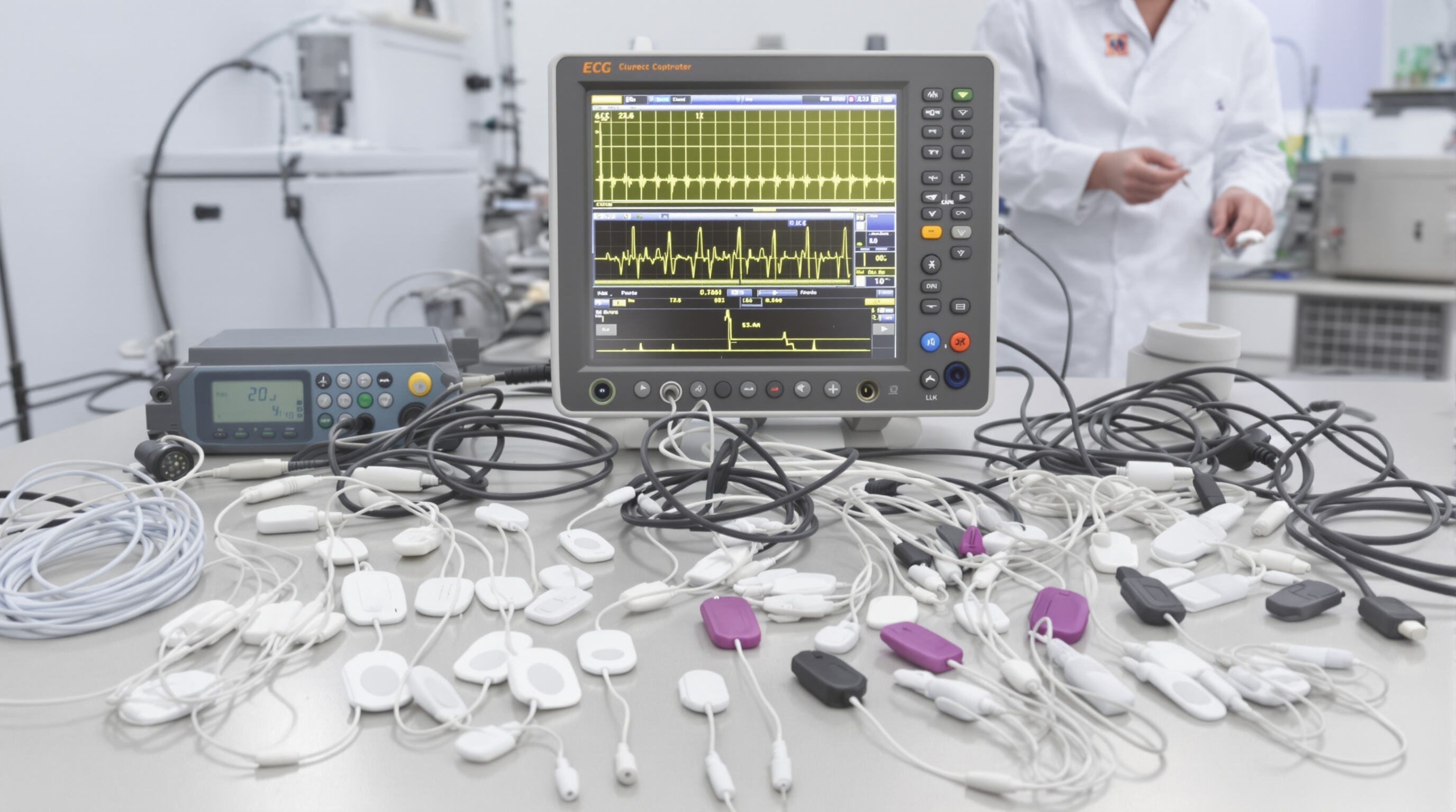 Photorealistic image of ECG cables being tested for performance and safety in a lab setting.