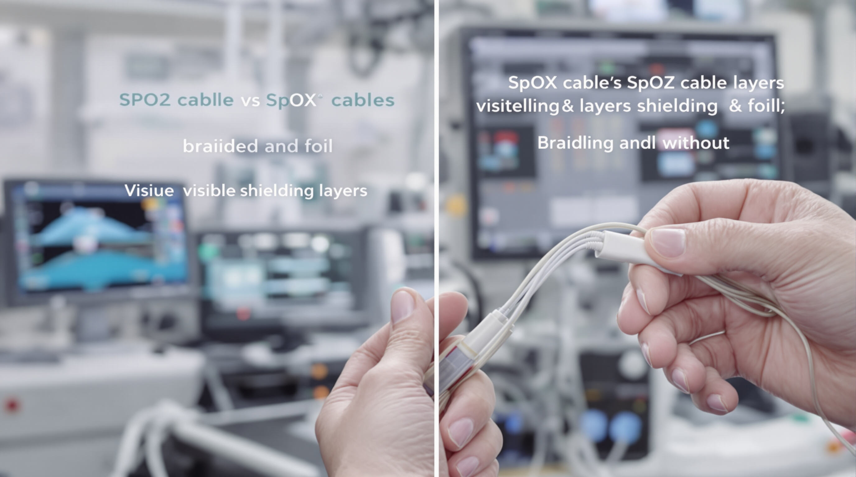 Technician comparing shielded and unshielded SpO2 cables at a medical workstation in a hospital.