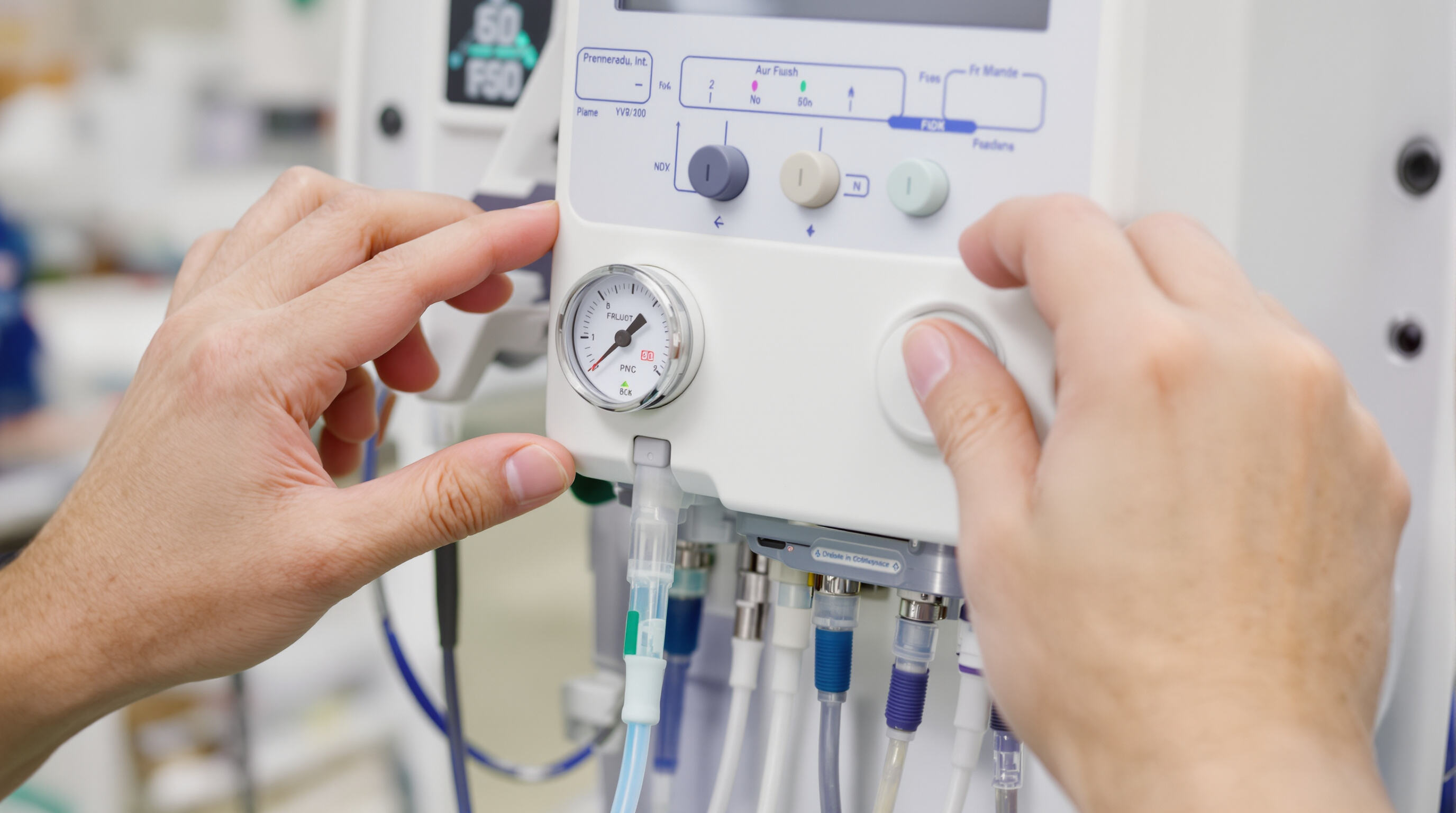 Medical technician checking pressure gauges on an infusion system and inspecting IV connections in a clinical workspace