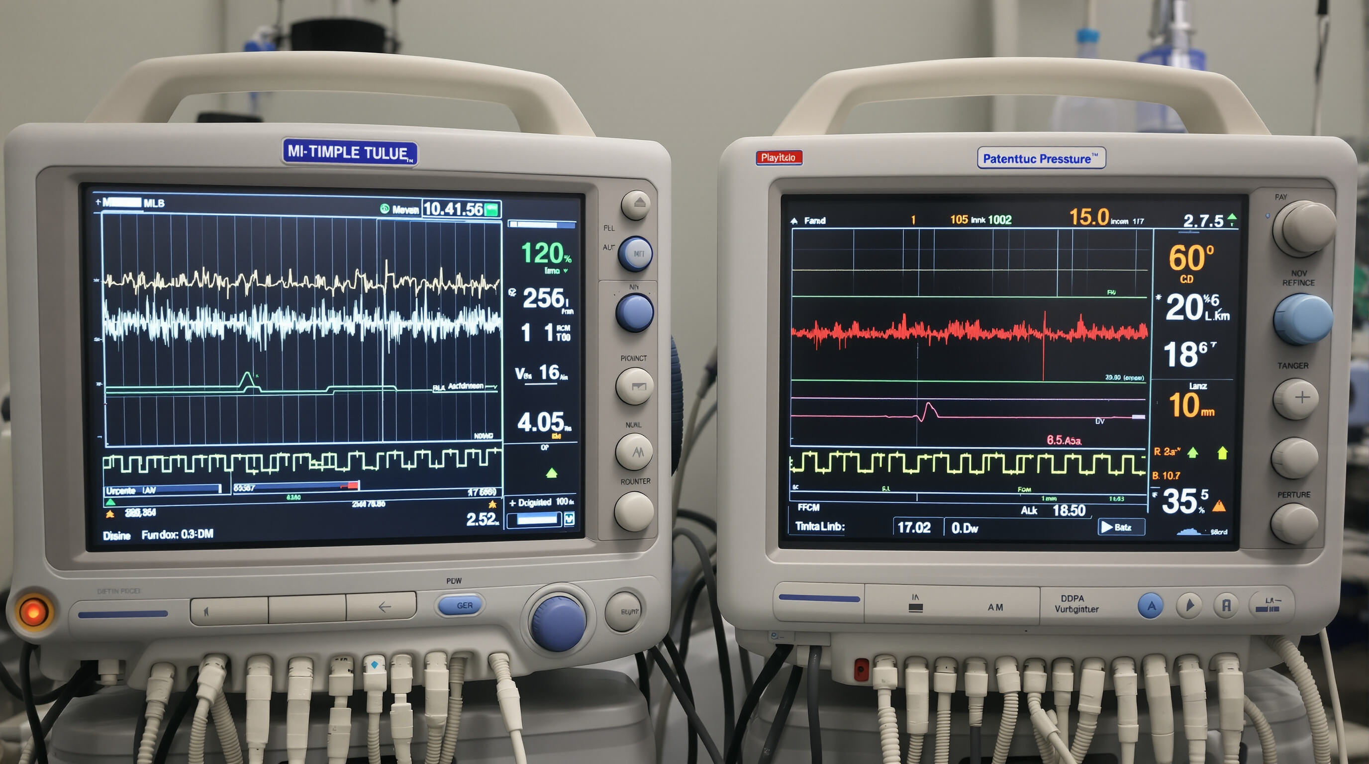 Two patient monitors in an ICU: one shows a clear blood pressure signal, the other has a distorted waveform, with different types of cables attached