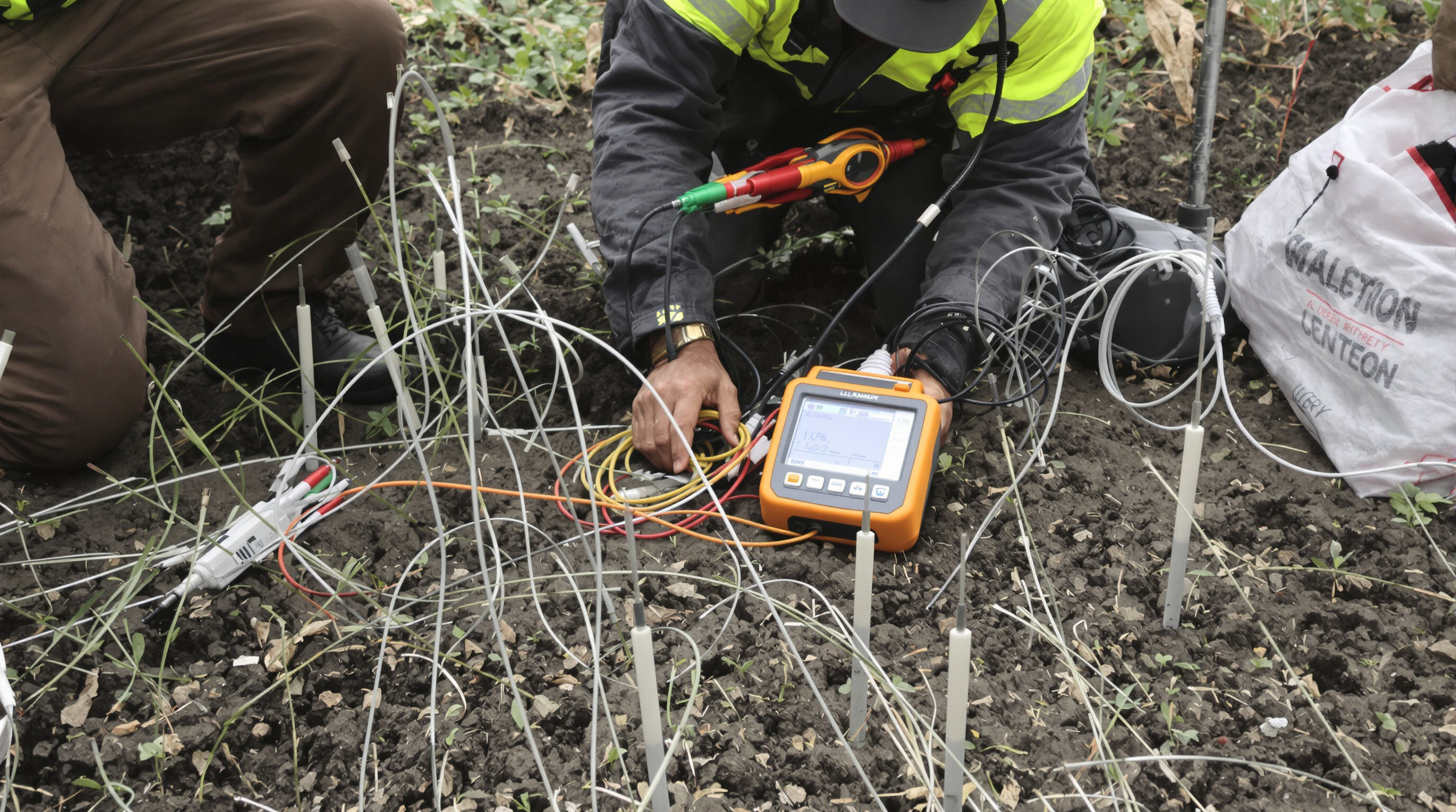 Technician using clamp-on and digital ground resistance testers with electrodes in various positions