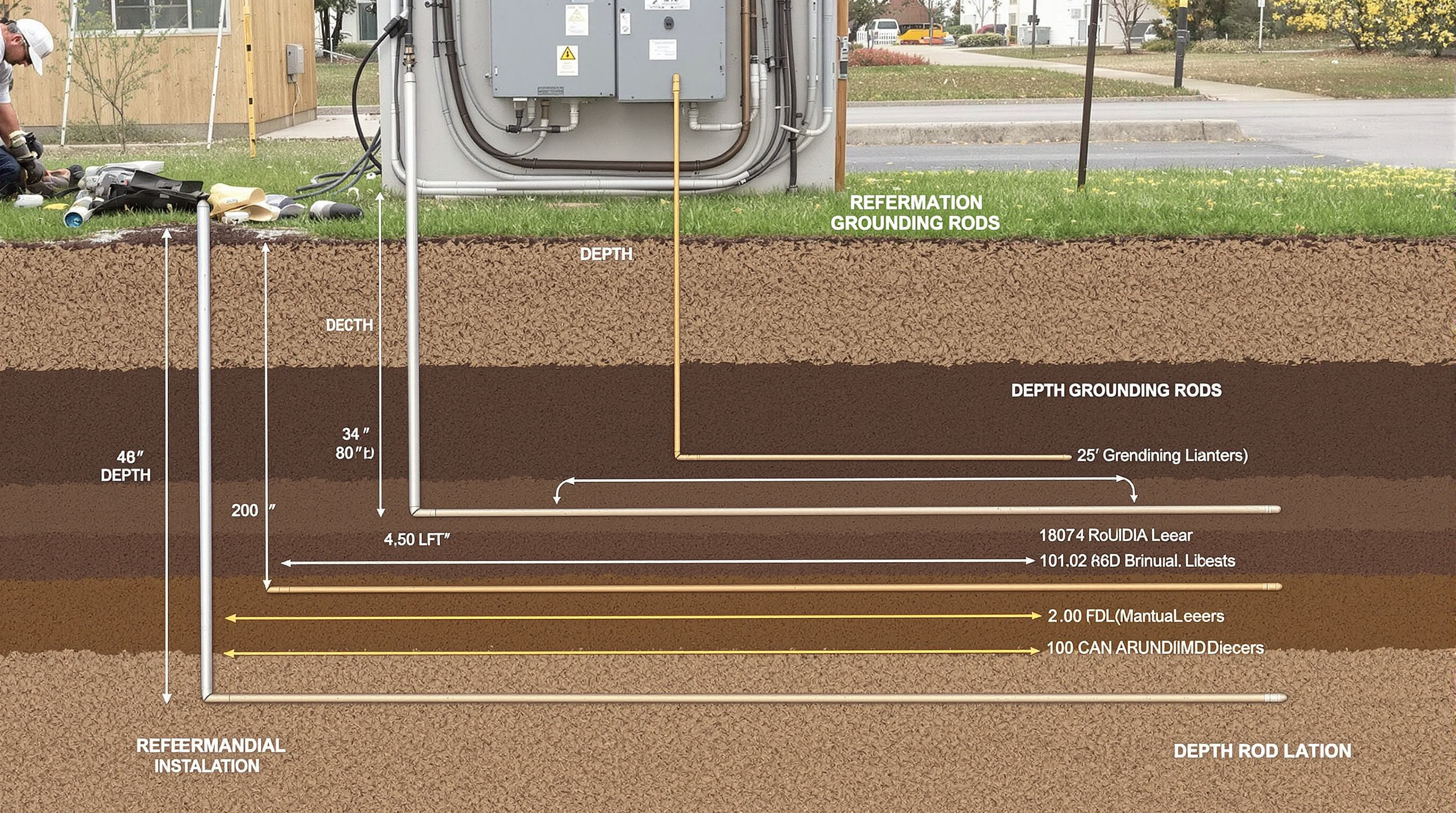 Technician installing grounding rods with various sizes and depths, showing soil contact requirements.