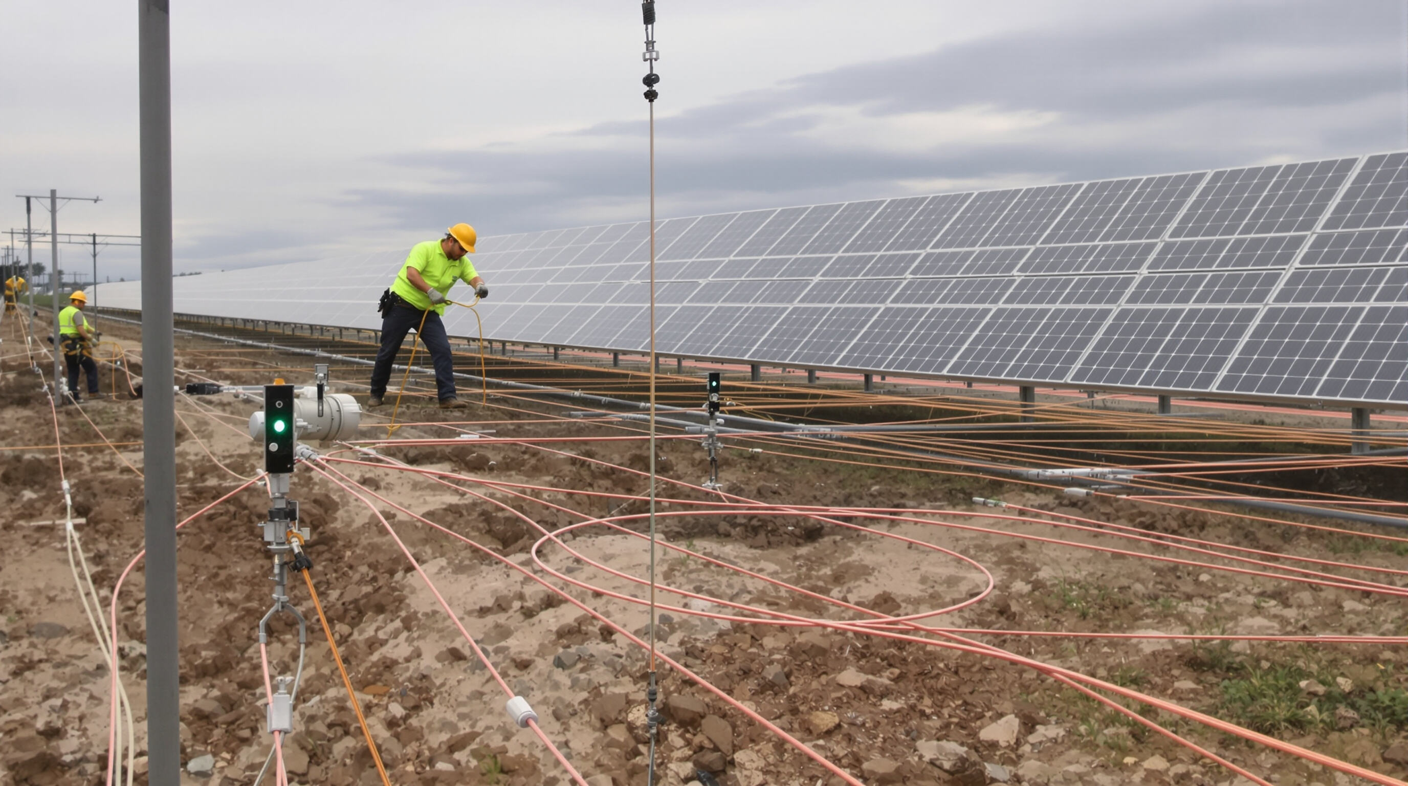 Engineers installing JT series stranded copper wire at a solar farm with visible splices and flexible routing