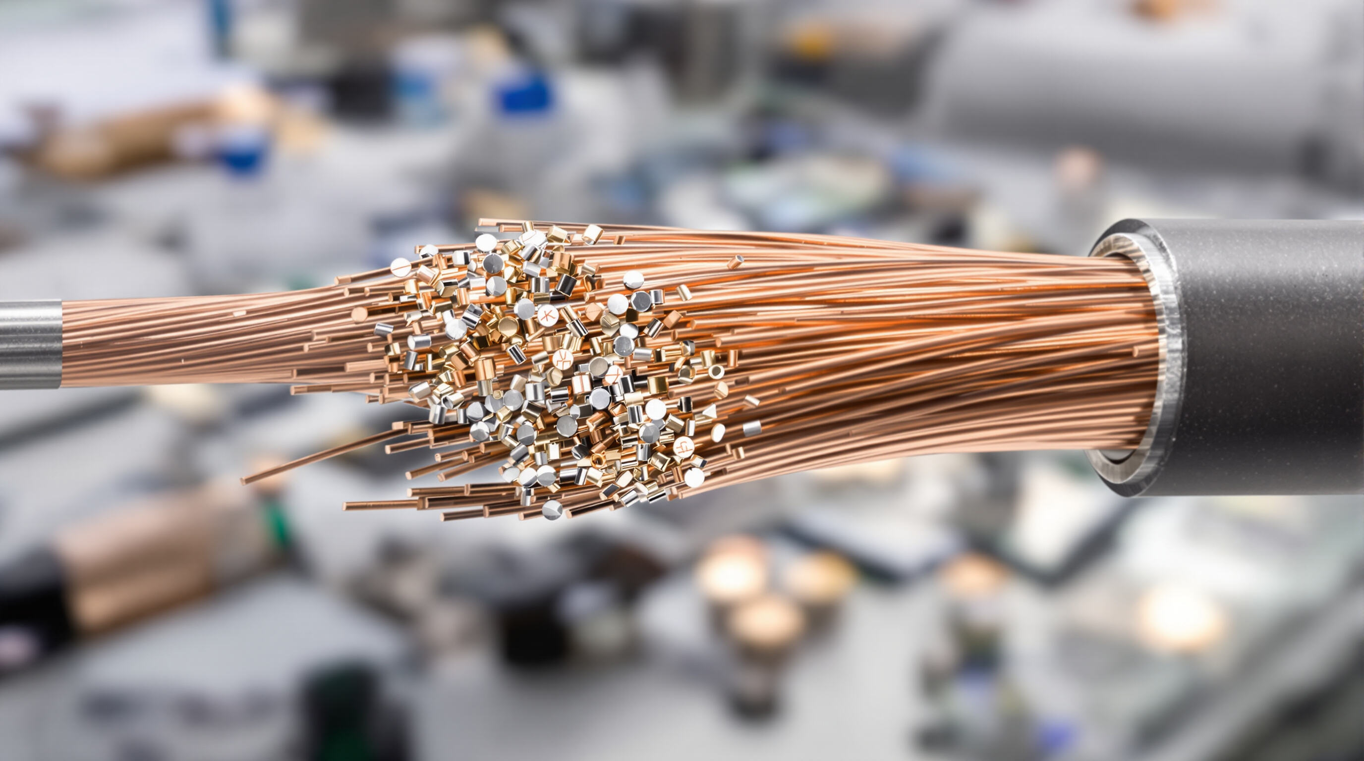Photorealistic cross-section of copper alloy contact wire on a lab table with testing equipment