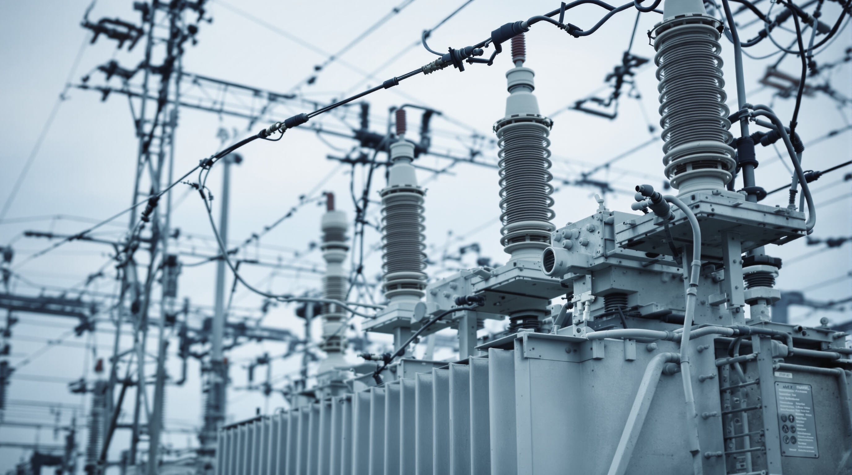 Photorealistic close-up of a single transformer with coordinated surge protection hardware and insulators at a muted industrial substation.
