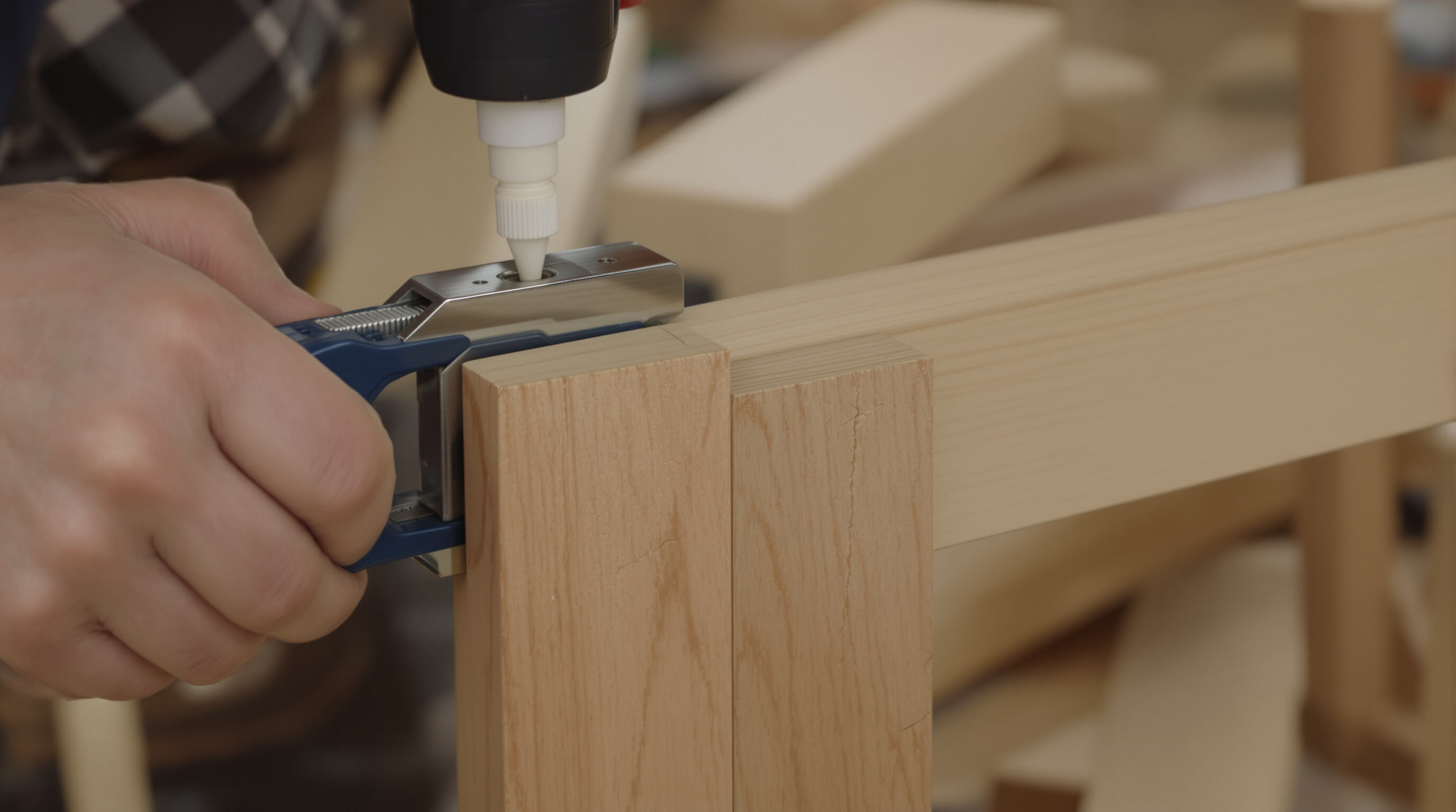 Photorealistic scene of hands gluing and clamping wood joints, showing flexible intact bond next to a cracked failed joint