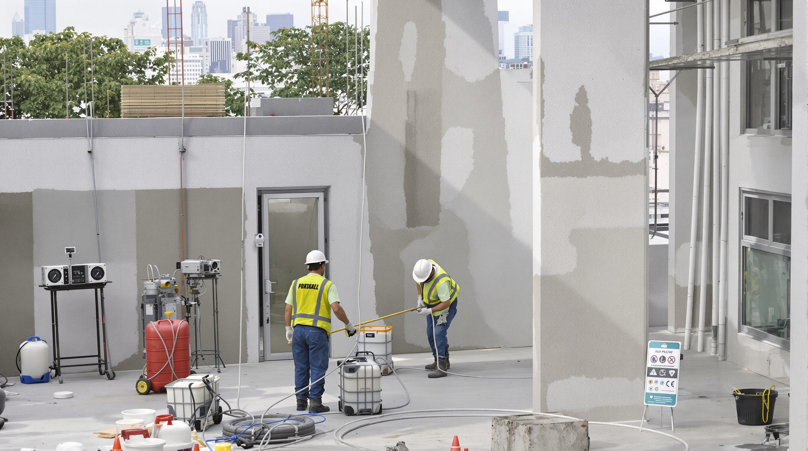 Workers using water-based VAE emulsion on a construction site with air quality monitors and clean water containers