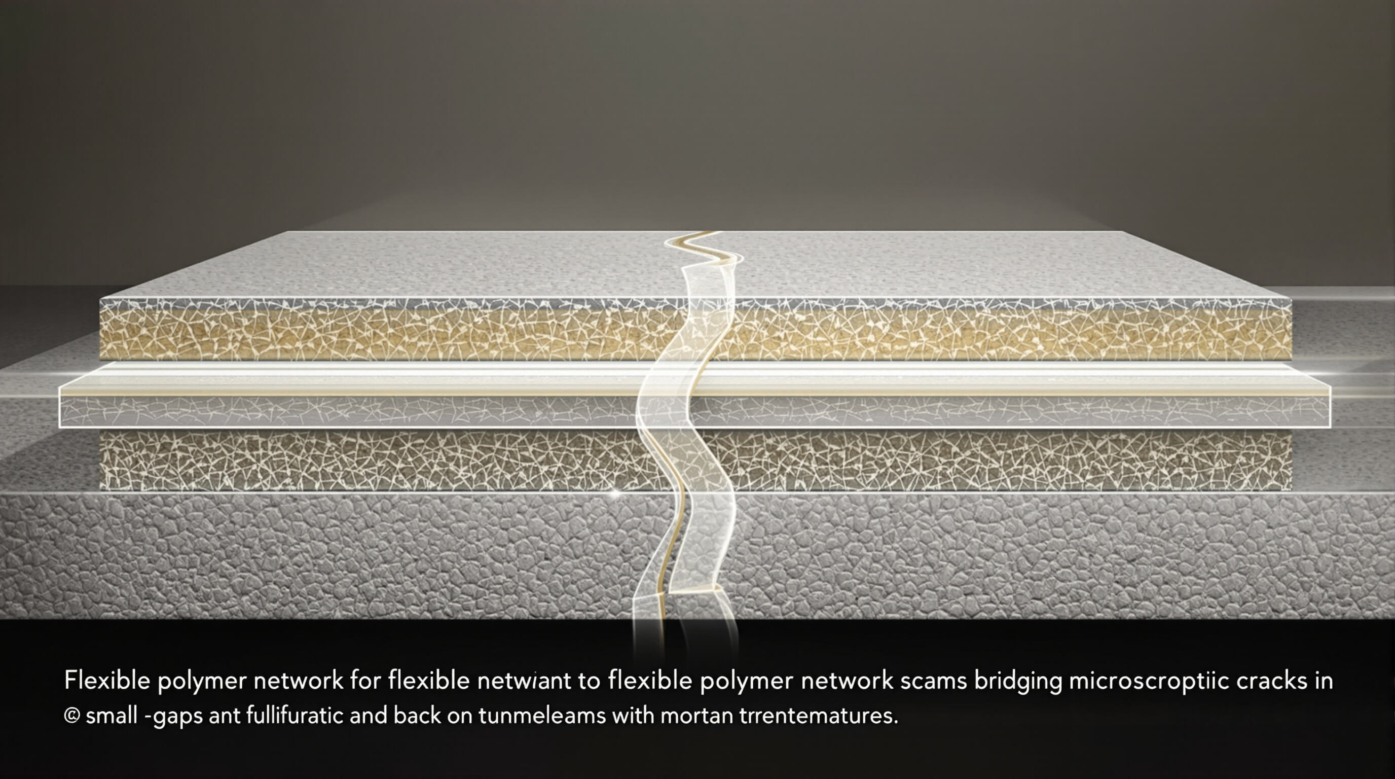 Cutaway of mortar slab revealing a flexible internal polymer network spanning across microscopic cracks