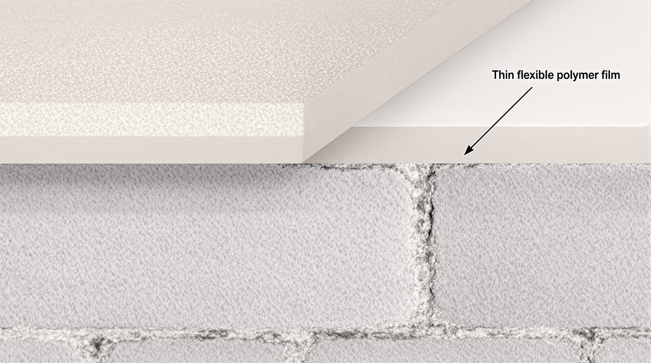 Photorealistic cross-section showing mortar layer strongly bonded to concrete bricks via a thin flexible polymer film