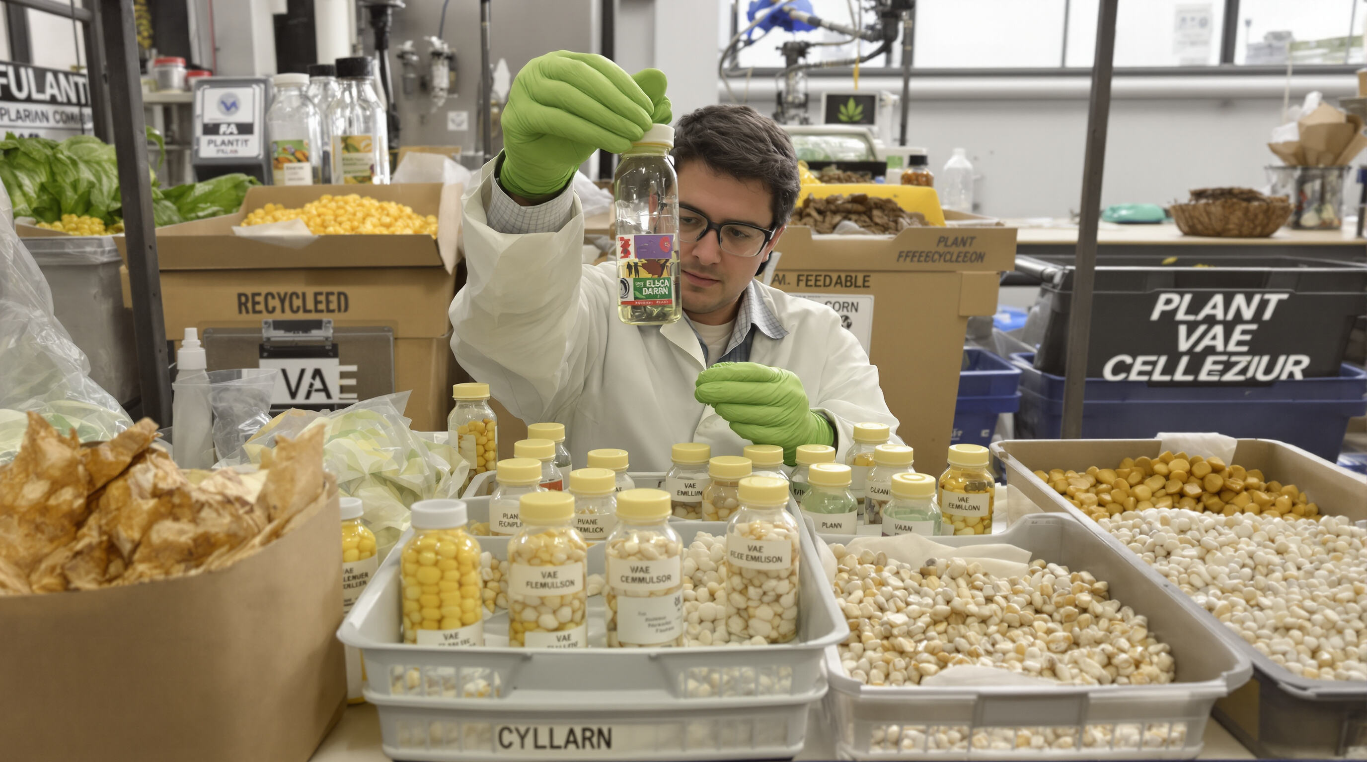 Scientist studying bio-based VAE emulsion samples with plant materials and recycling bins in a laboratory