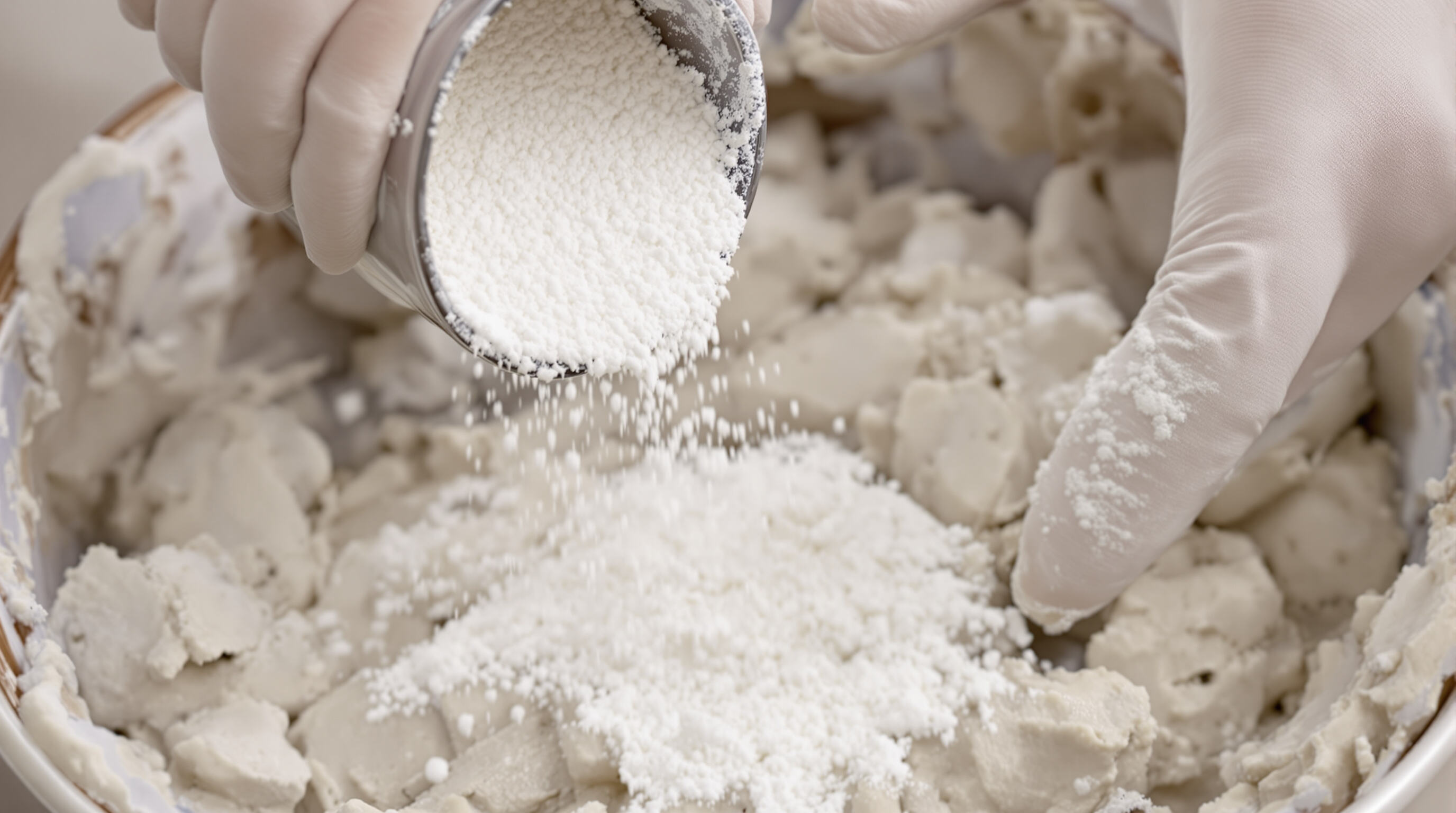 A hand adding polymer powder to a bowl of wet mortar, emphasizing the mixture's flexible texture