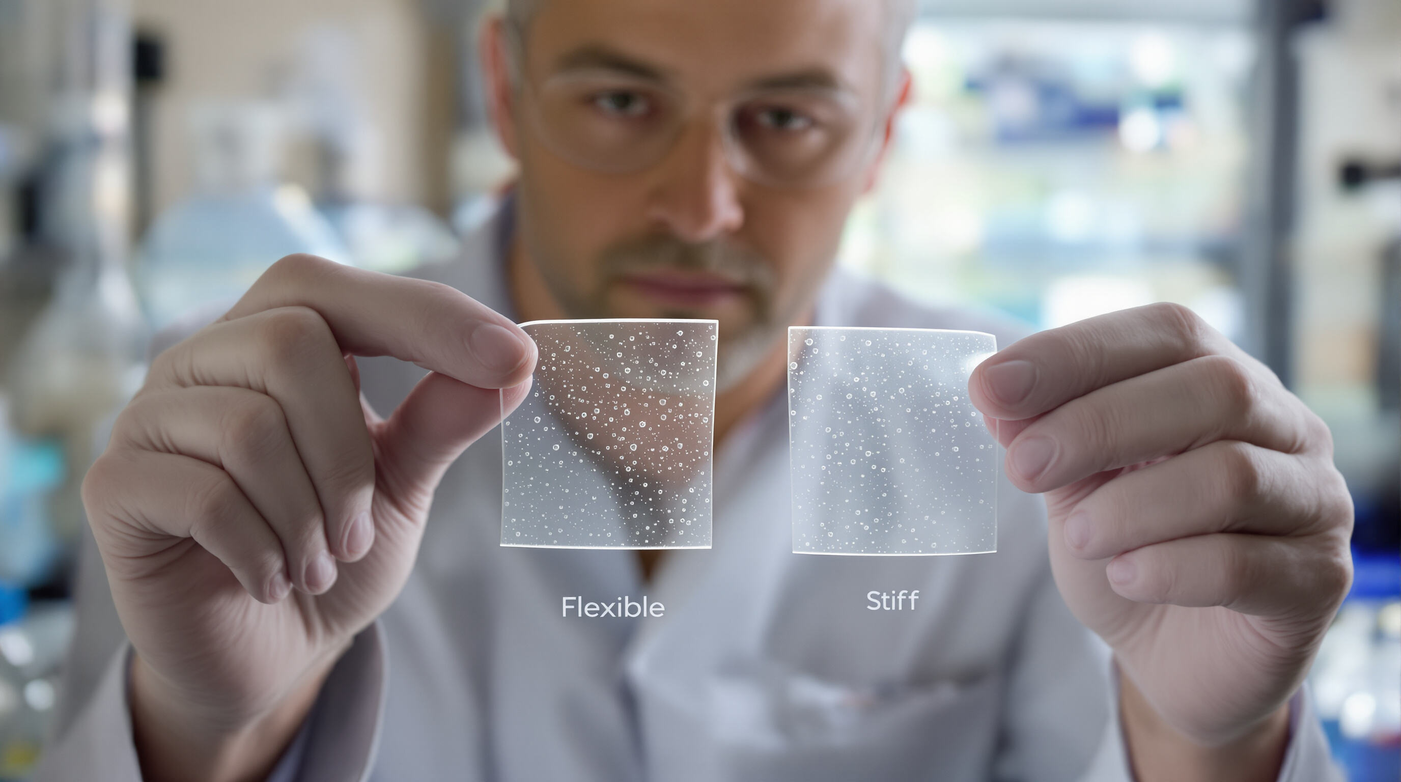 Photorealistic image showing a scientist comparing flexible and stiff PVA film strips in a lab setting