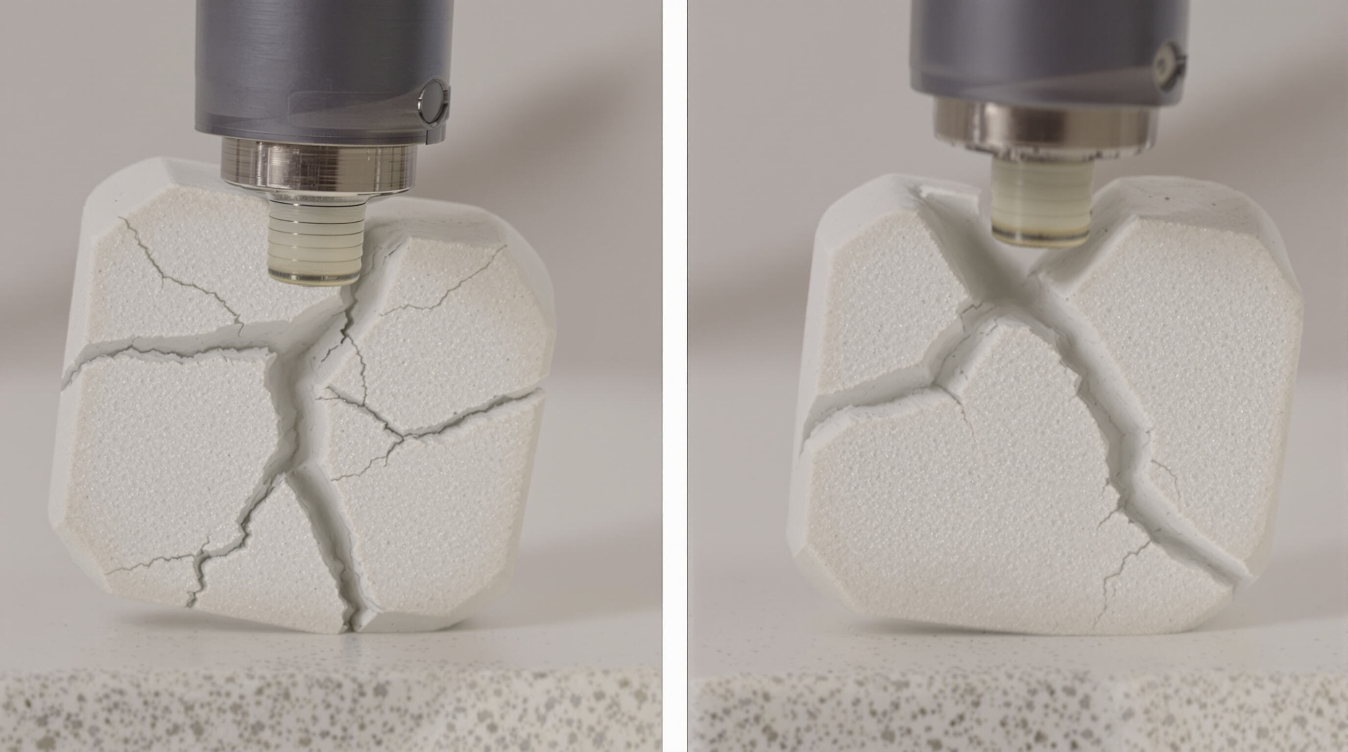 Photorealistic comparison of two mortar samples in bending test, one cracked and one flexibly intact