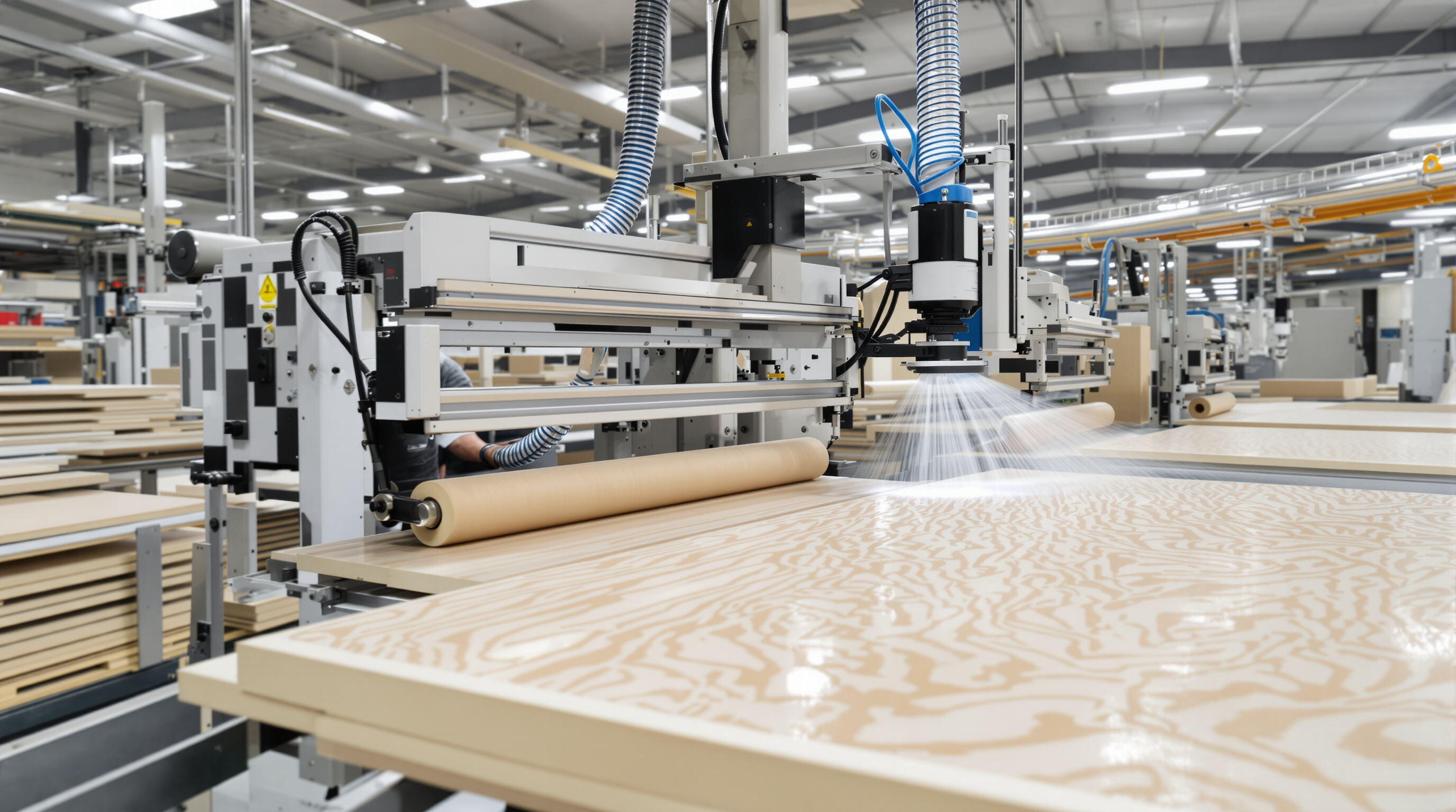 Photorealistic image of workers and automated equipment applying adhesive to wood panels in a modern furniture factory