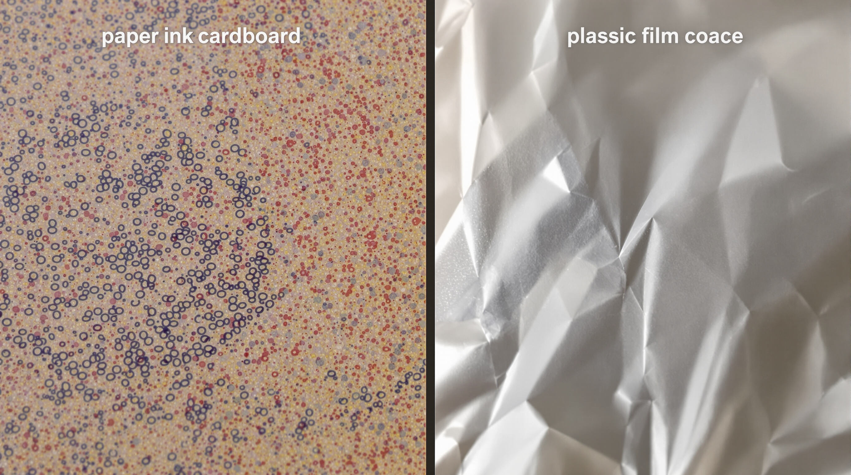 Side-by-side realistic photo of ink bonding and coverage on paper cardboard compared to plastic foil substrates