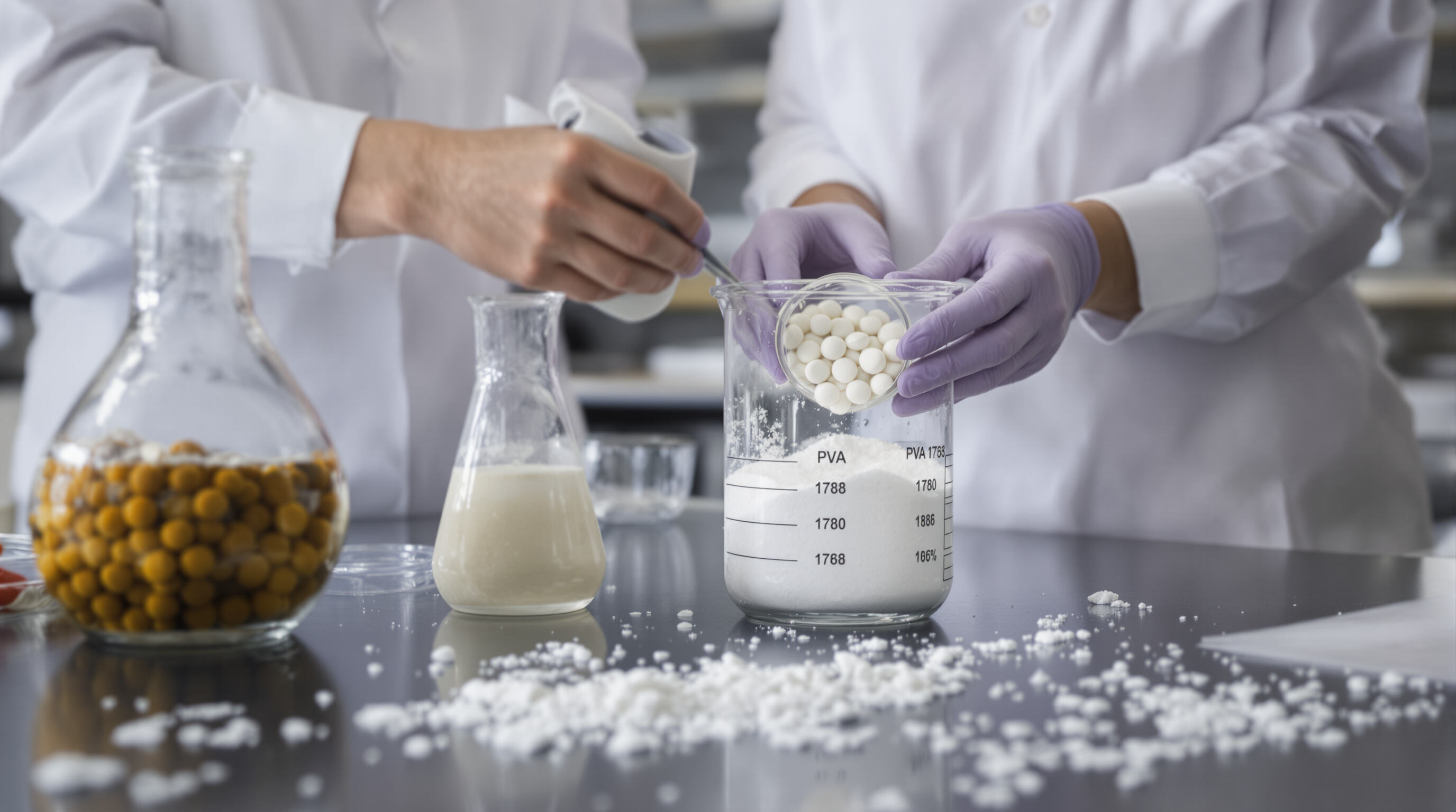 Lab scientists blending polymer and starch for sustainable adhesive tests