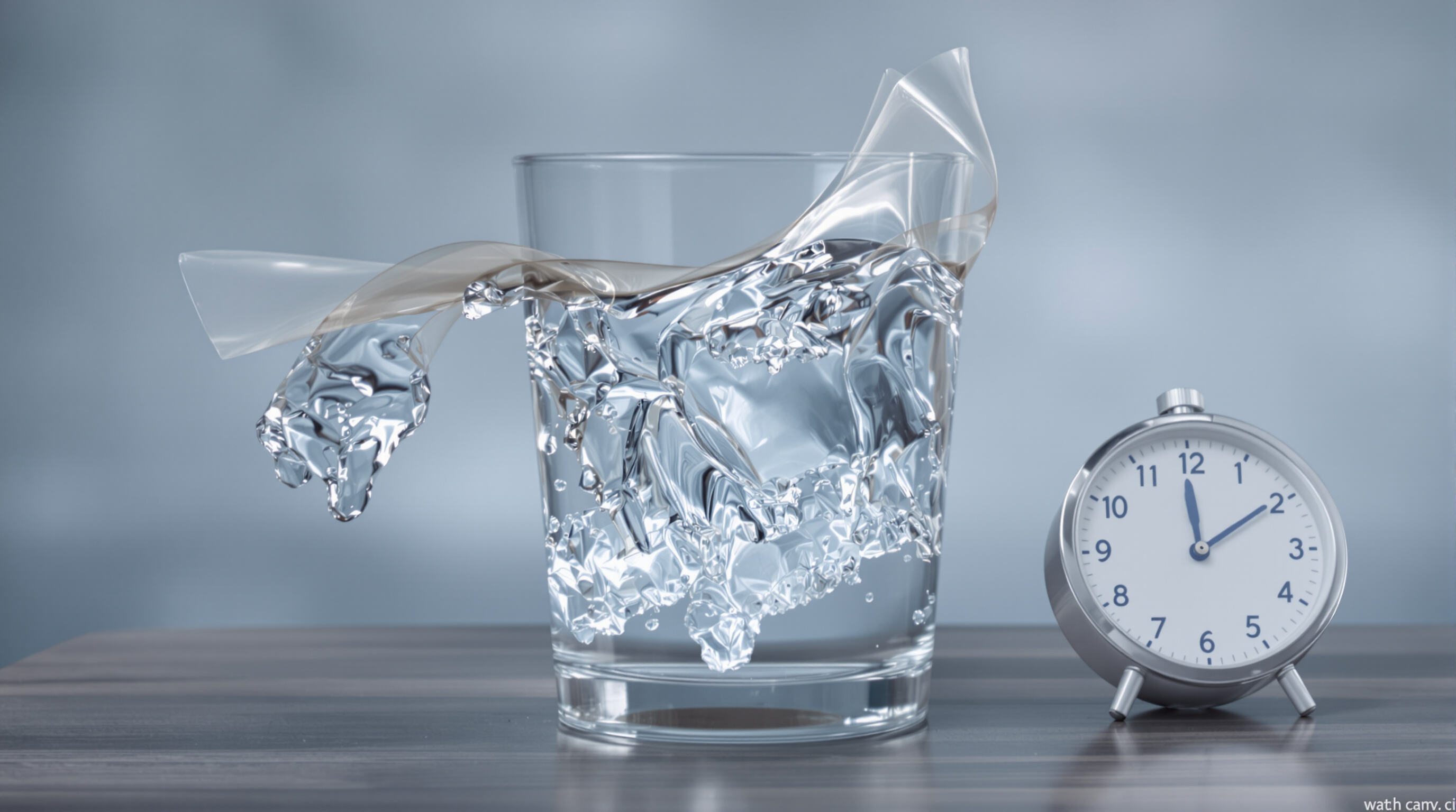 Photorealistic image of a PVA film dissolving in cold water with visible edges and water movement