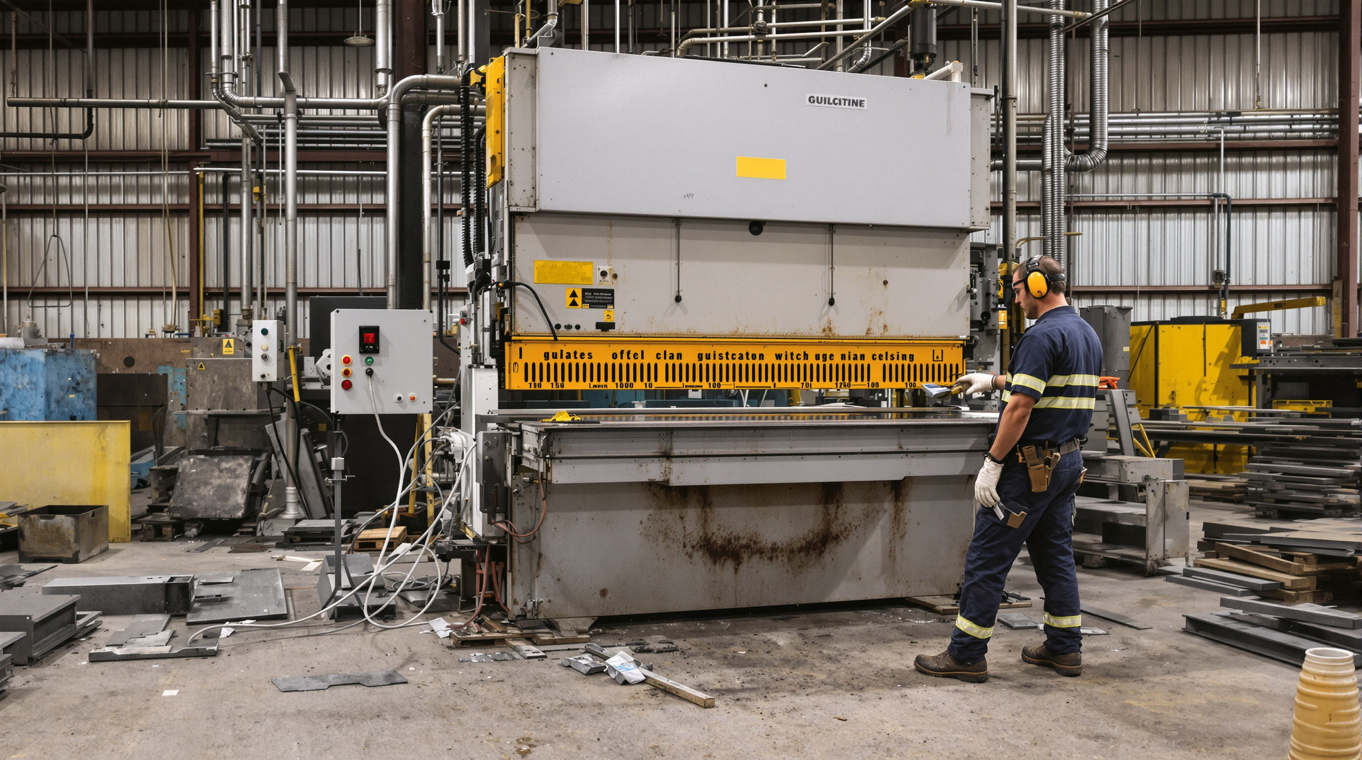 Technician performing safety and PPE checks on a guillotine shearing machine in an industrial workshop