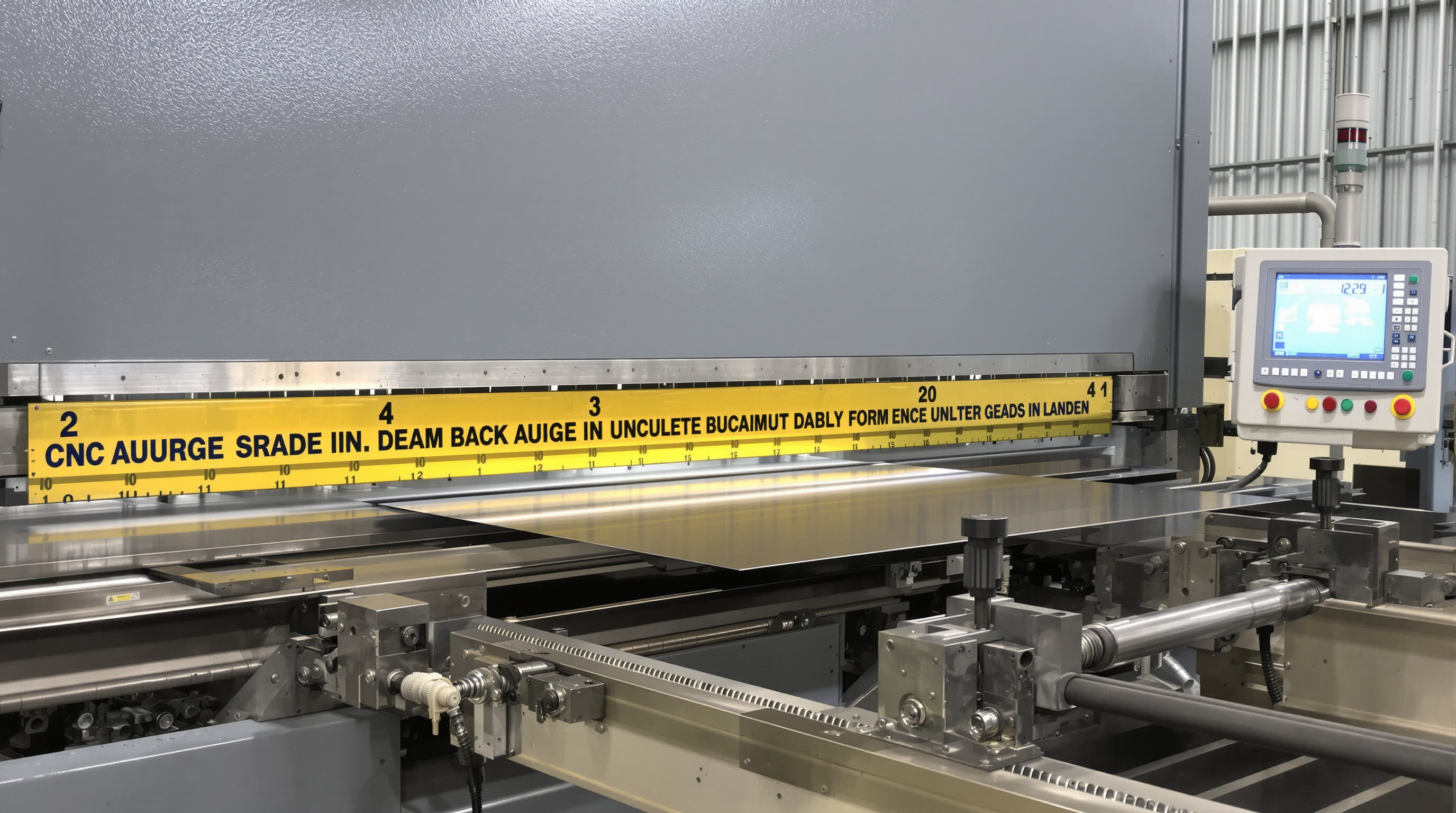Industrial guillotine shear cutting metal sheet with clamps and control panel in factory setting