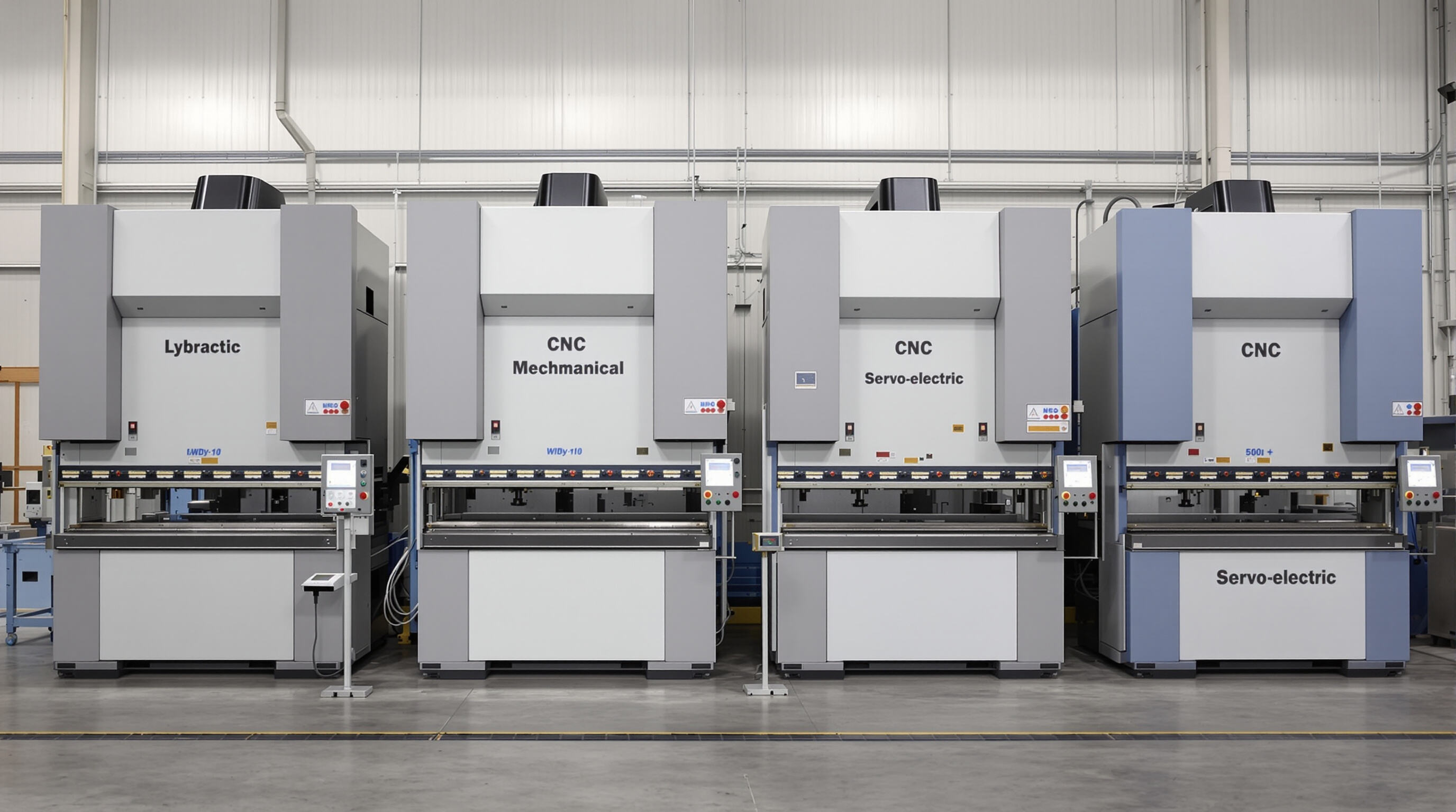 Photorealistic row of four press brake machines representing hydraulic, CNC, mechanical, and electric types in a factory setting