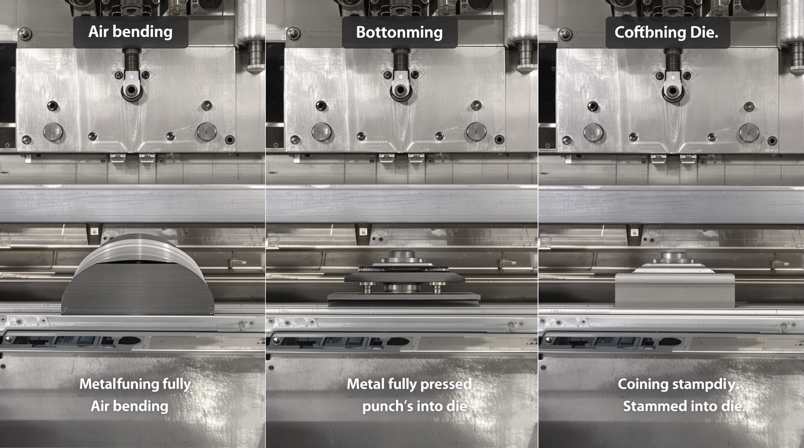 Three stages of metal bending on a press brake: air bending, bottoming, and coining