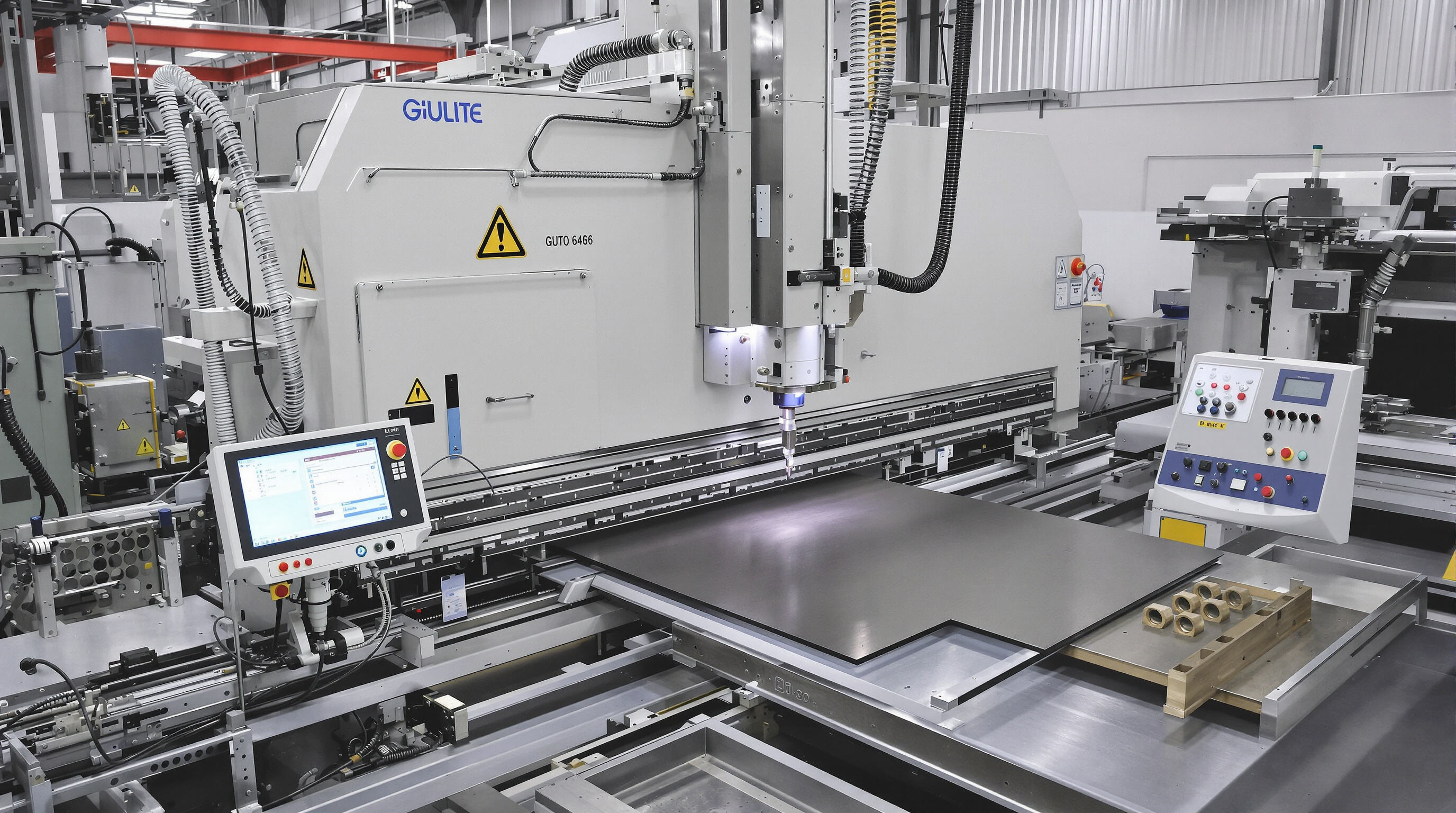 CNC-integrated guillotine shear with automated back gauge and computer control in industrial environment