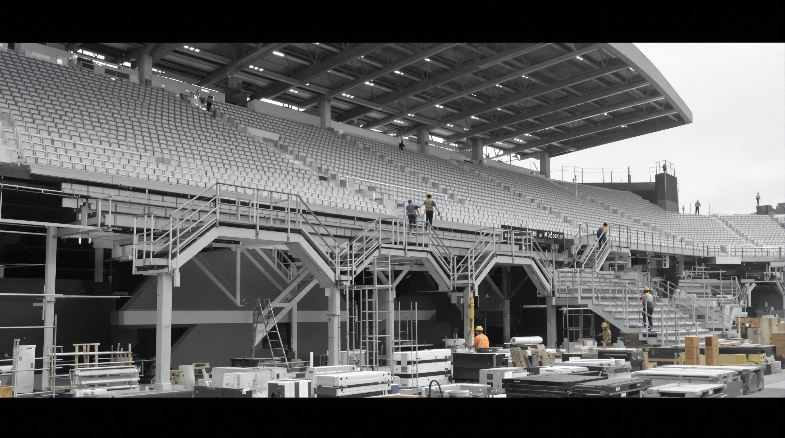 Workers installing modular seating modules in a stadium using prefabricated components
