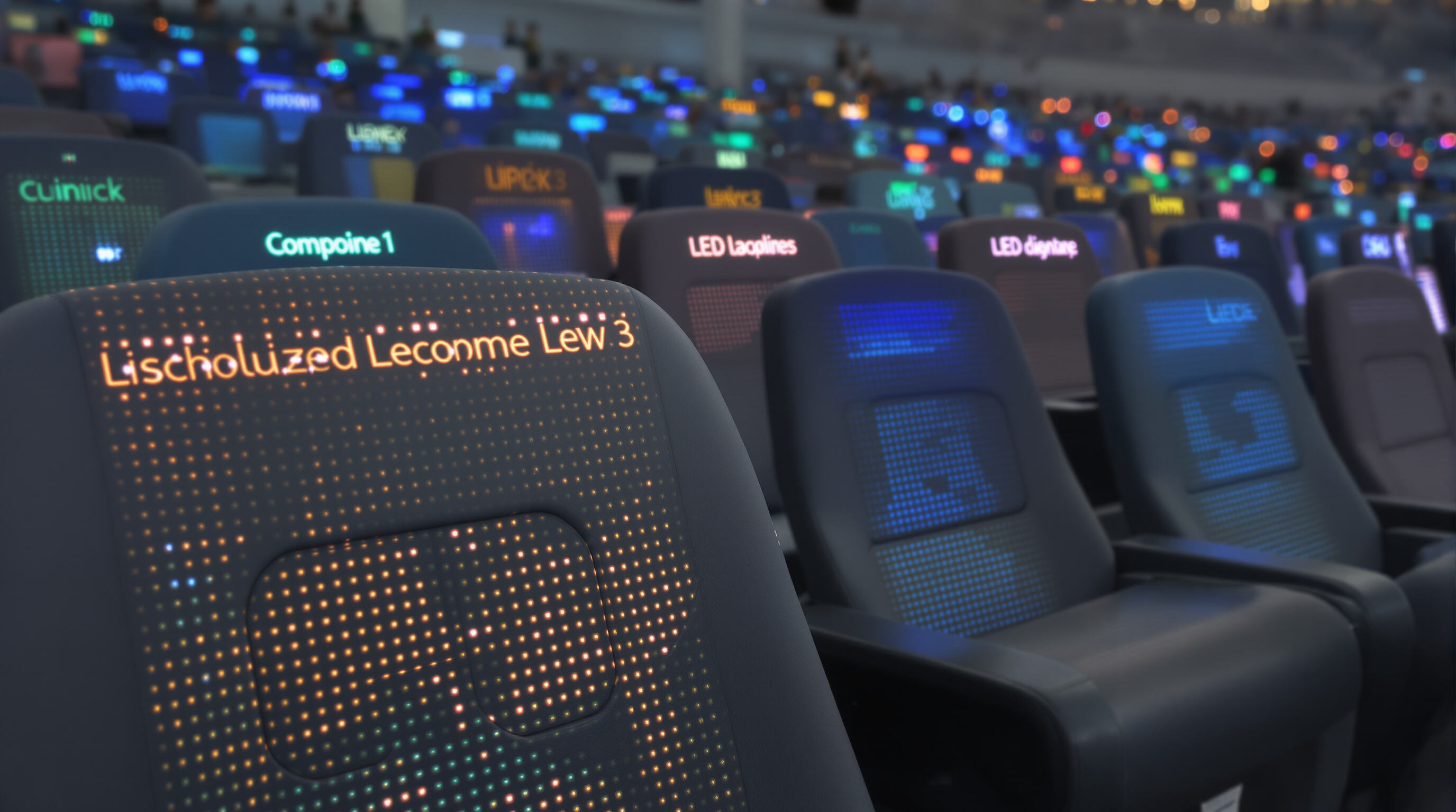 Advanced stadium seats with color-changing LEDs and geometric design details