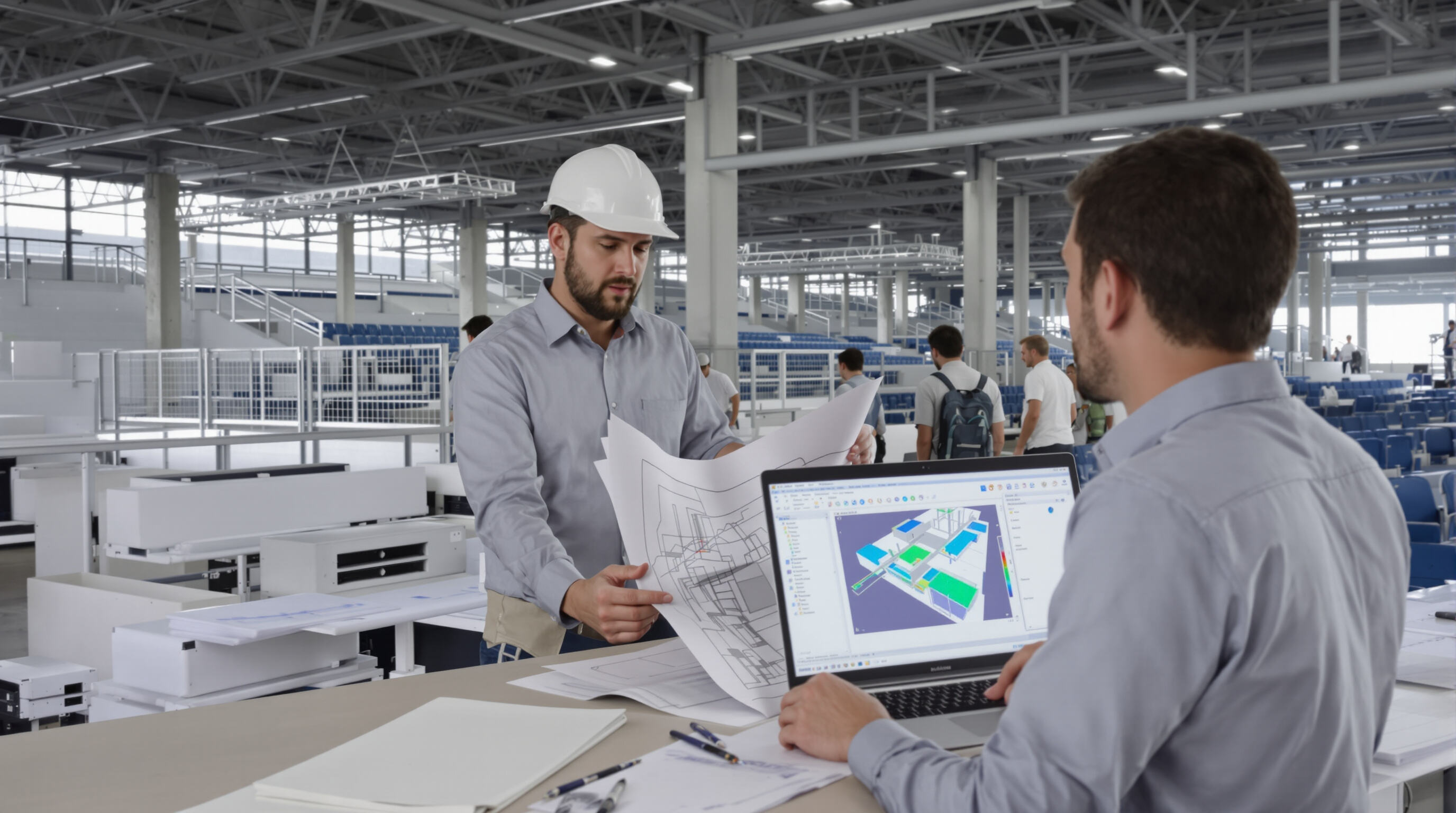 Engineers reviewing plans and simulations for integrating retractable bleachers with fixed seating in a stadium